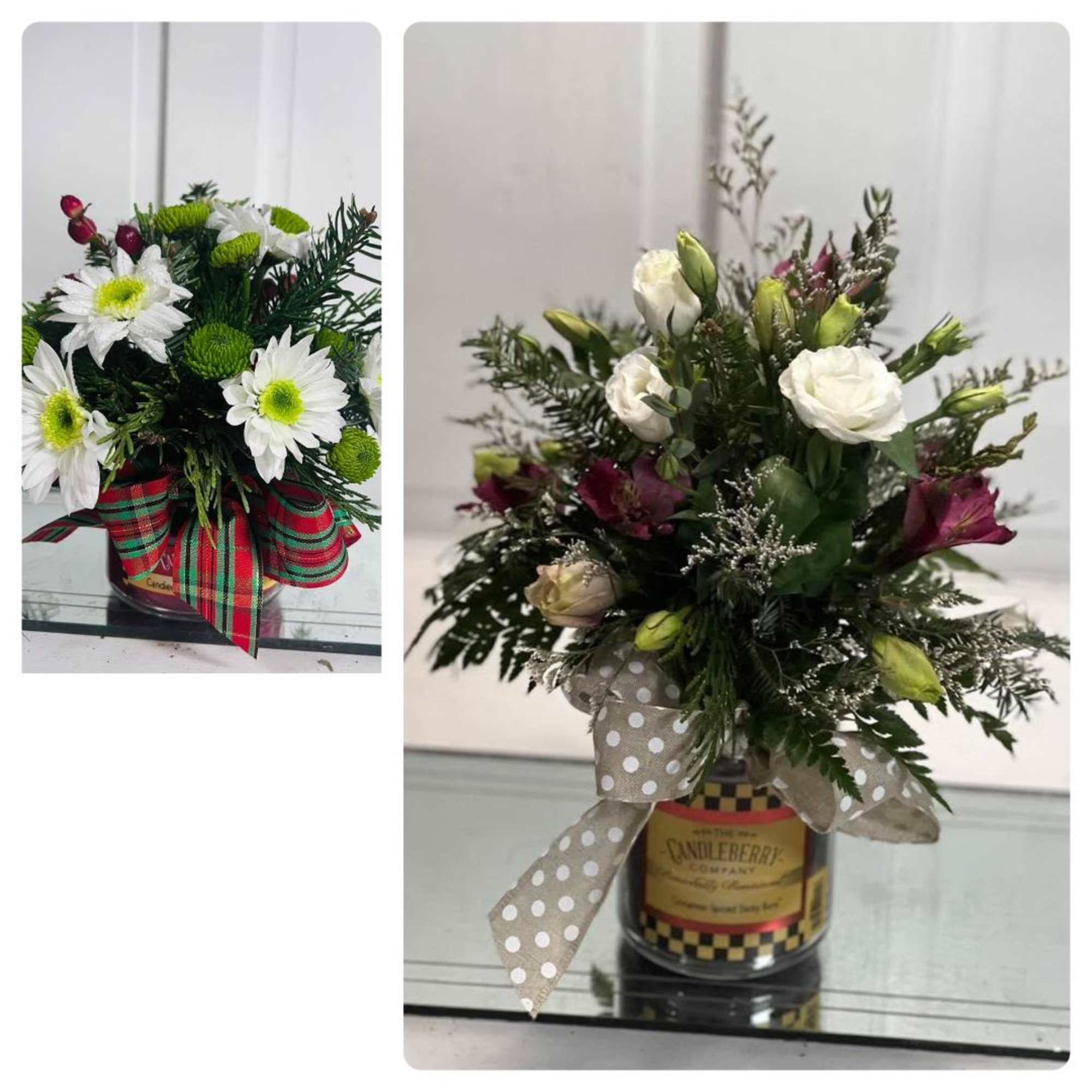 Two small floral arrangements in jars with ribbon bows