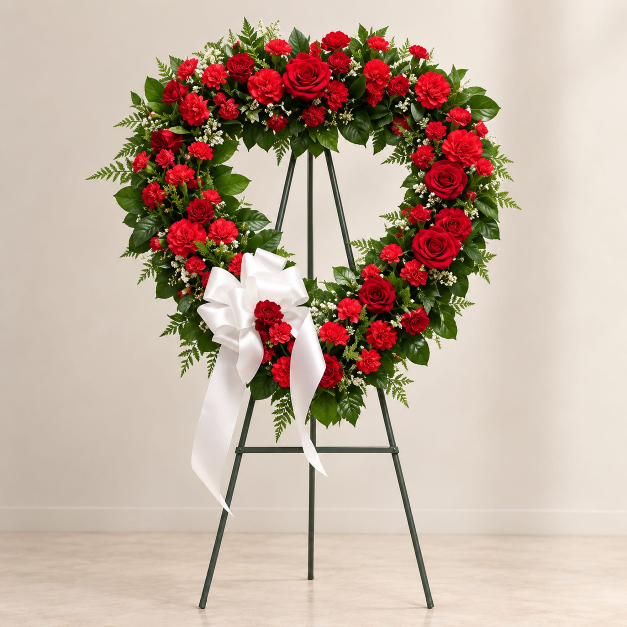 Heart-shaped red floral wreath on an easel with a white bow