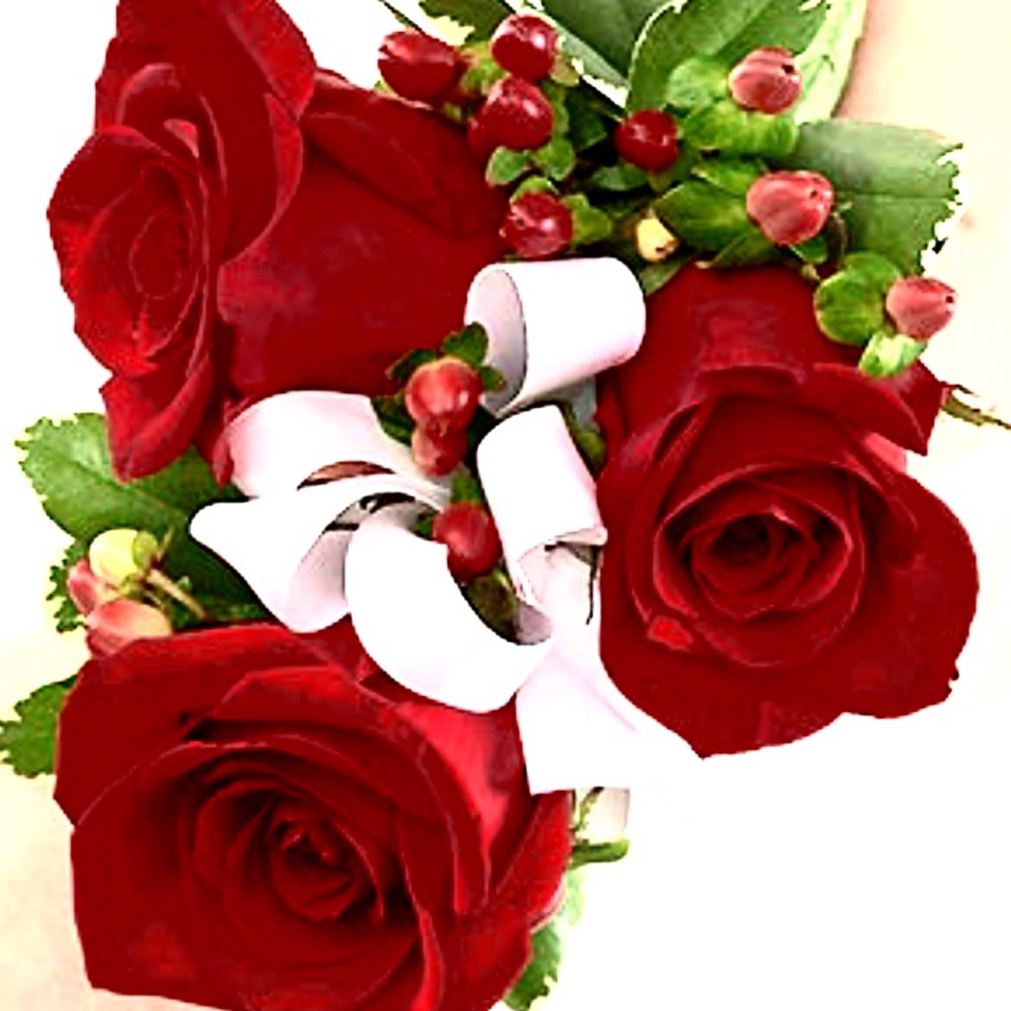 Cluster of red roses with white ribbon and berry accents