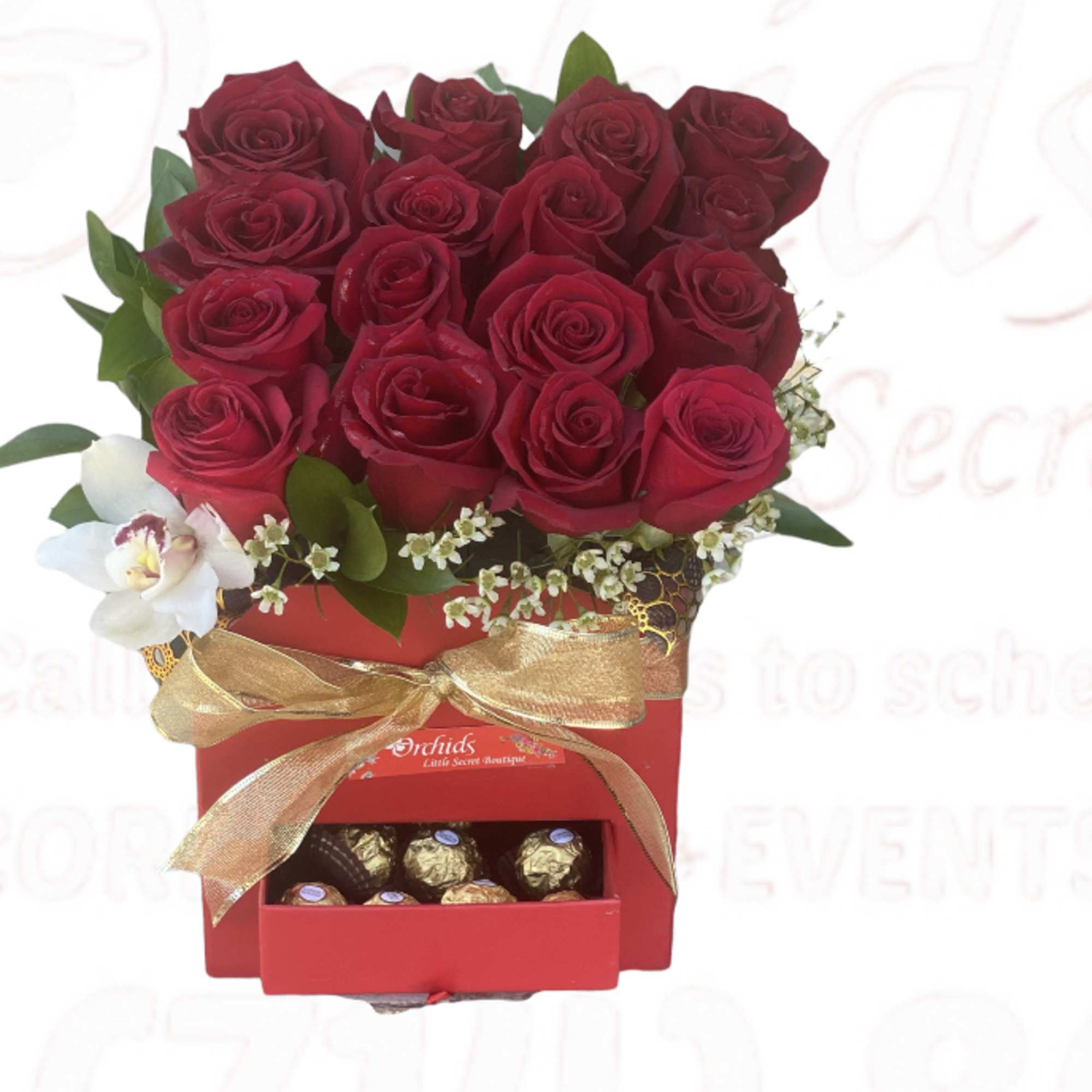 Red rose arrangement in a red gift box with chocolates and a gold ribbon, photo 2 of 2