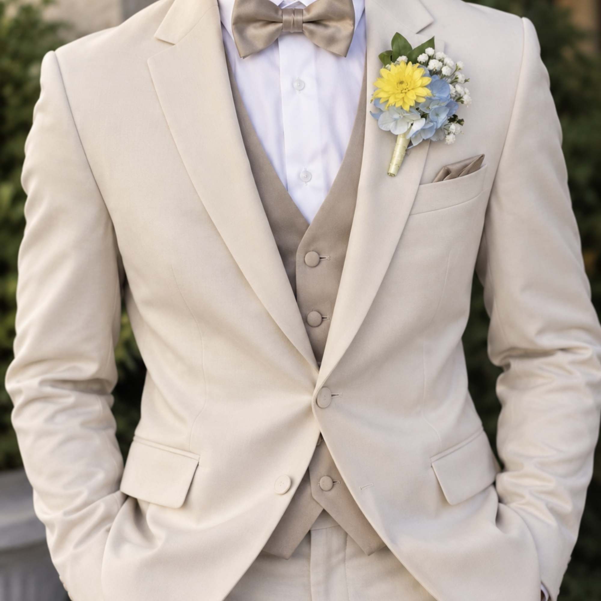 Cream suit with a yellow and blue boutonniere on the lapel