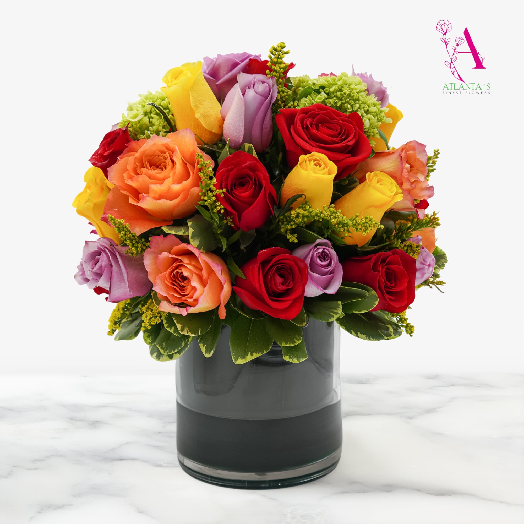 Mixed roses in red, yellow, orange, and lavender arranged in a dark glass vase