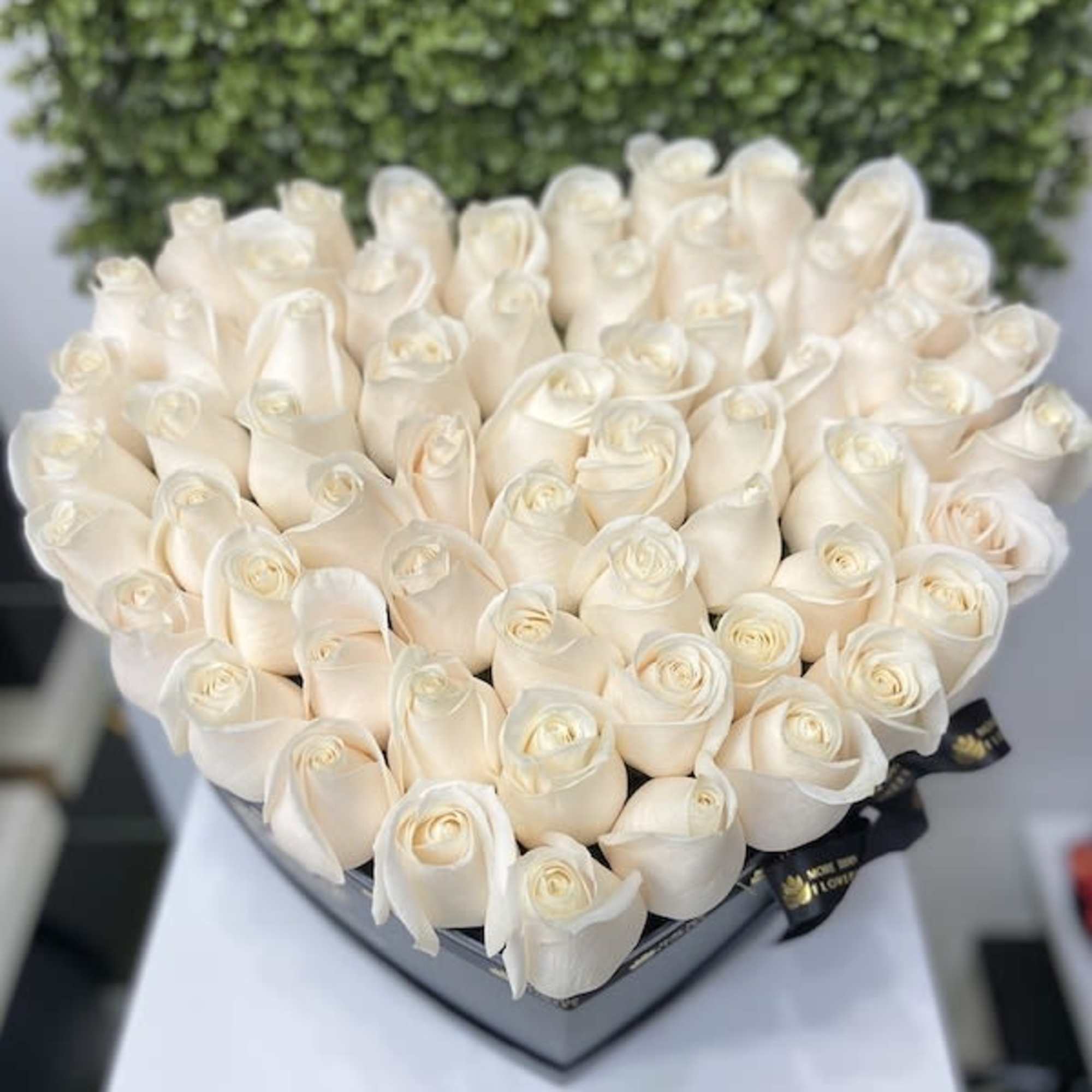 Heart-shaped box filled with tightly packed ivory roses on a white pedestal