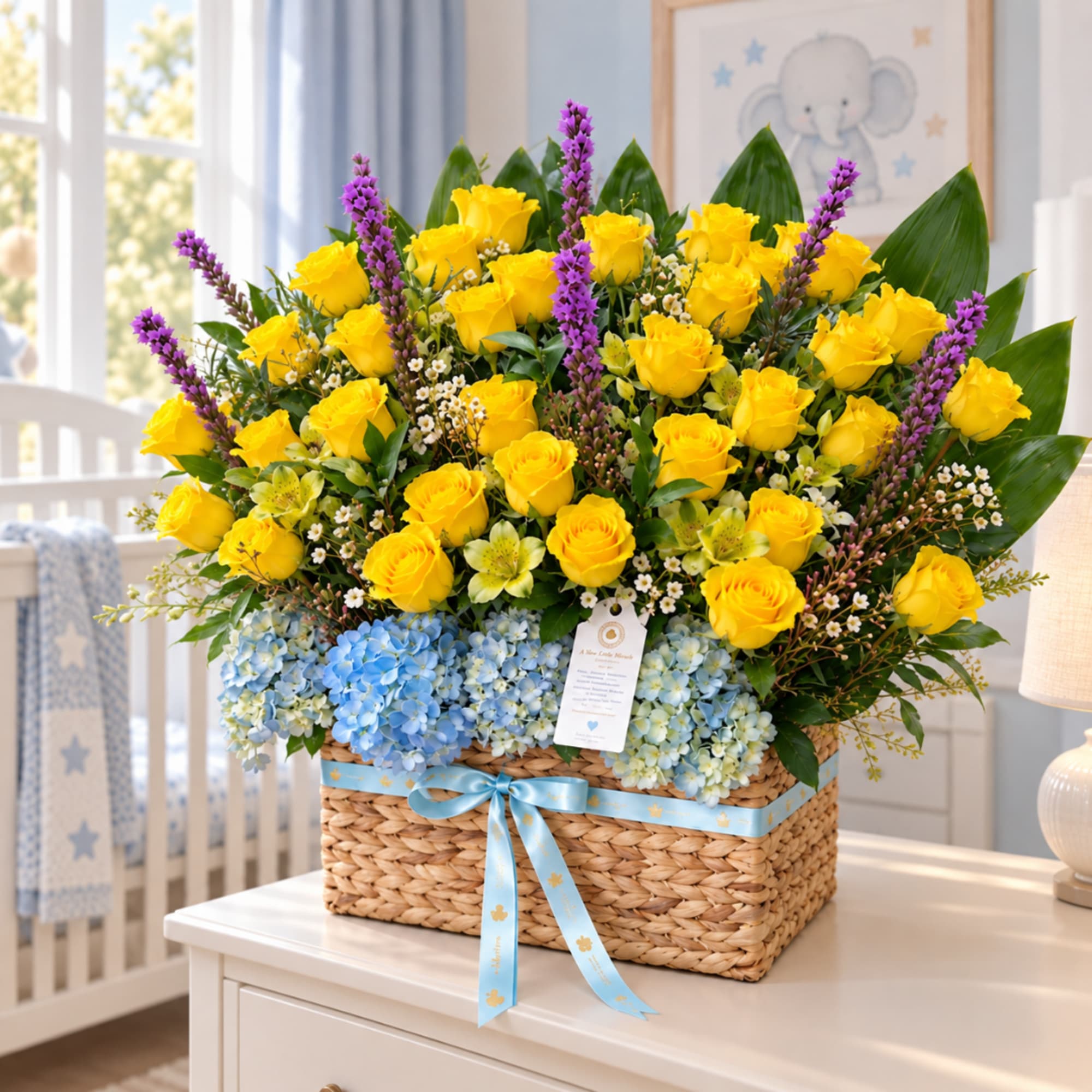 Yellow roses and blue hydrangeas in a woven basket with a blue ribbon