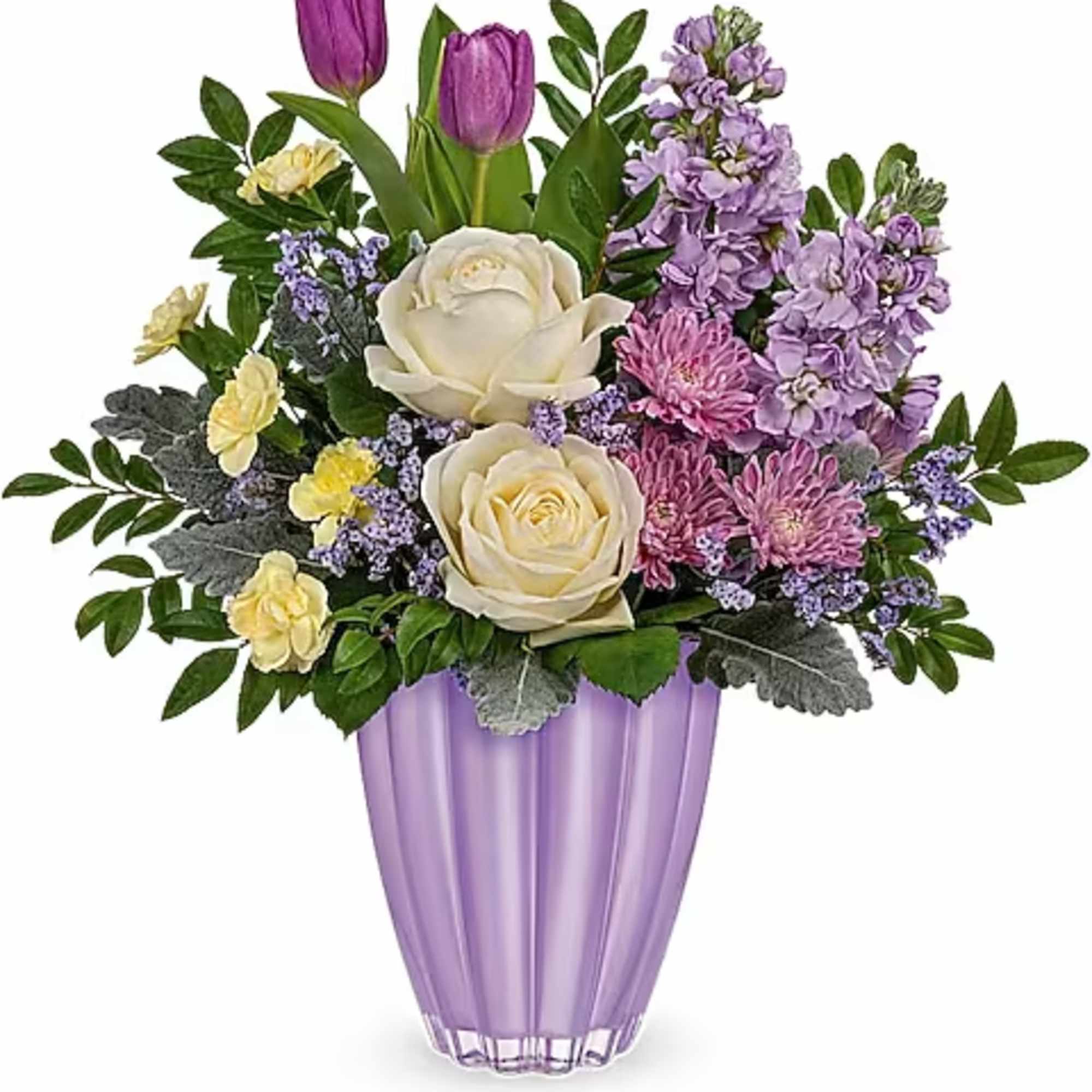 Purple and cream floral arrangement in a lavender vase