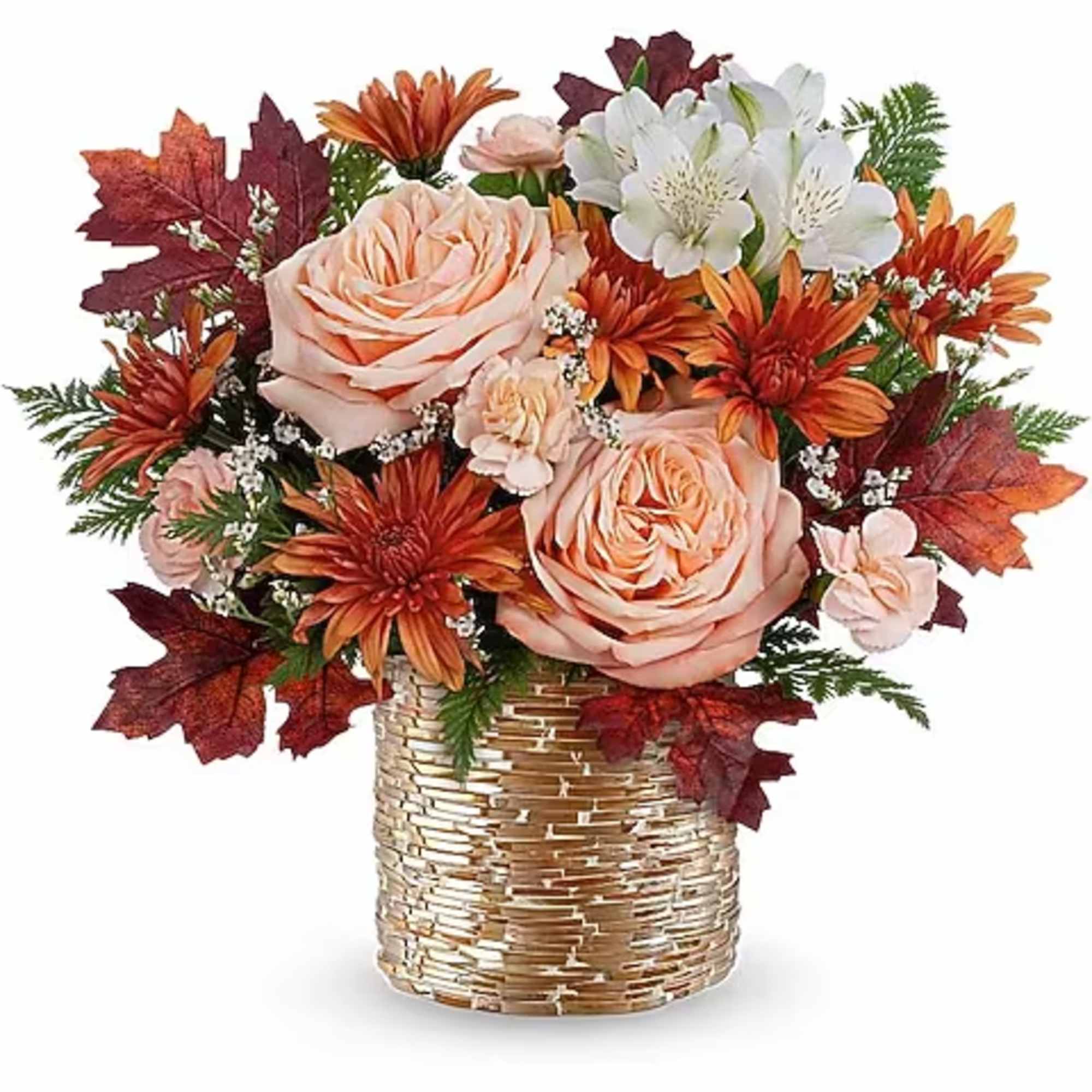 Peach roses and orange daisies in a gold woven vase