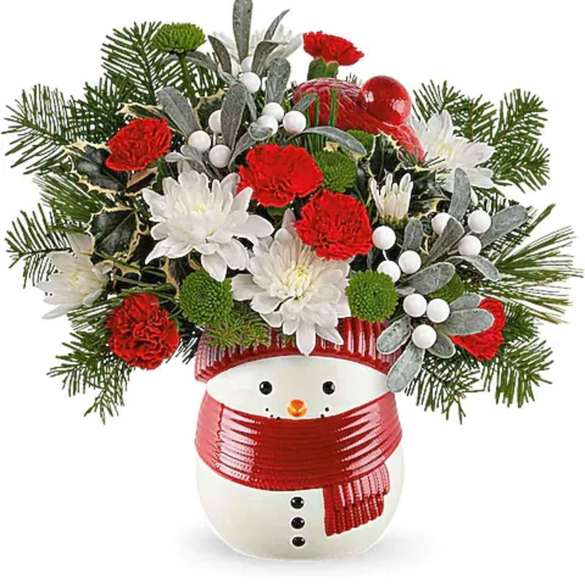 Snowman vase with red and white flowers and evergreen accents
