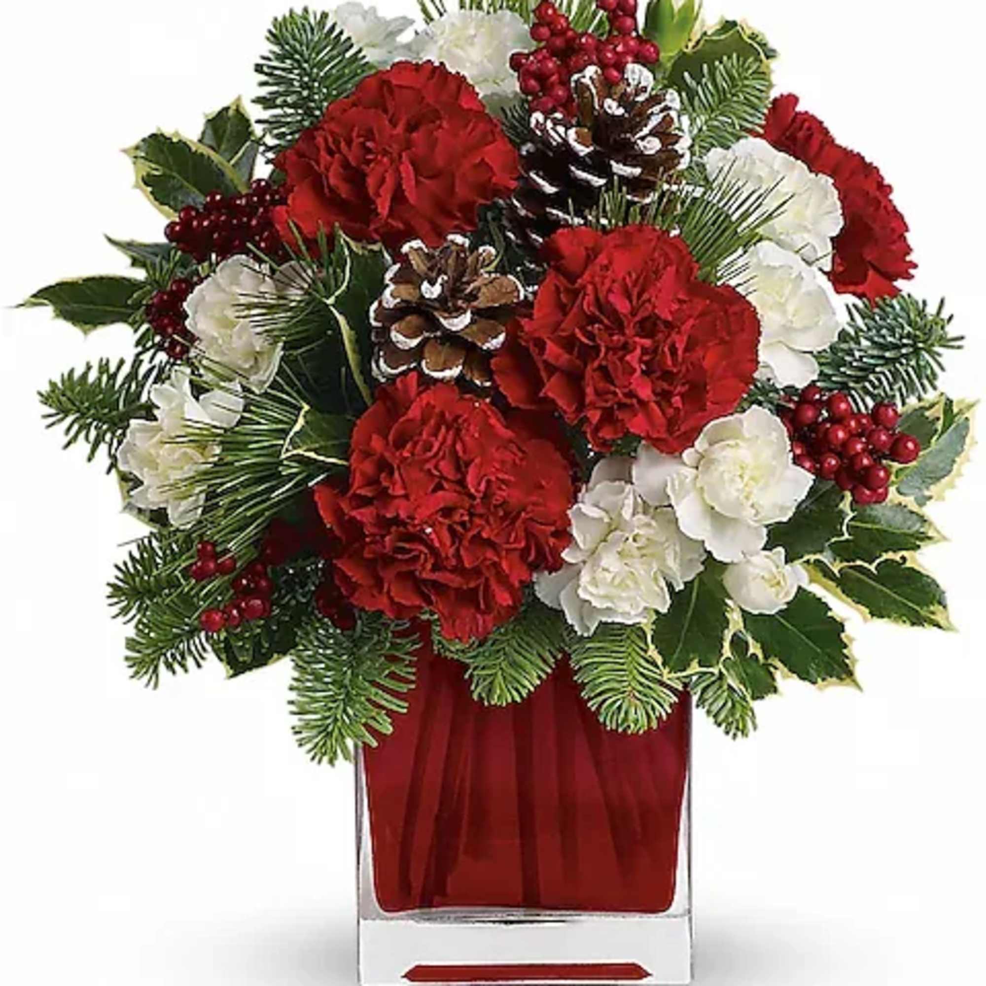 Red and white carnations with pinecones in a clear vase