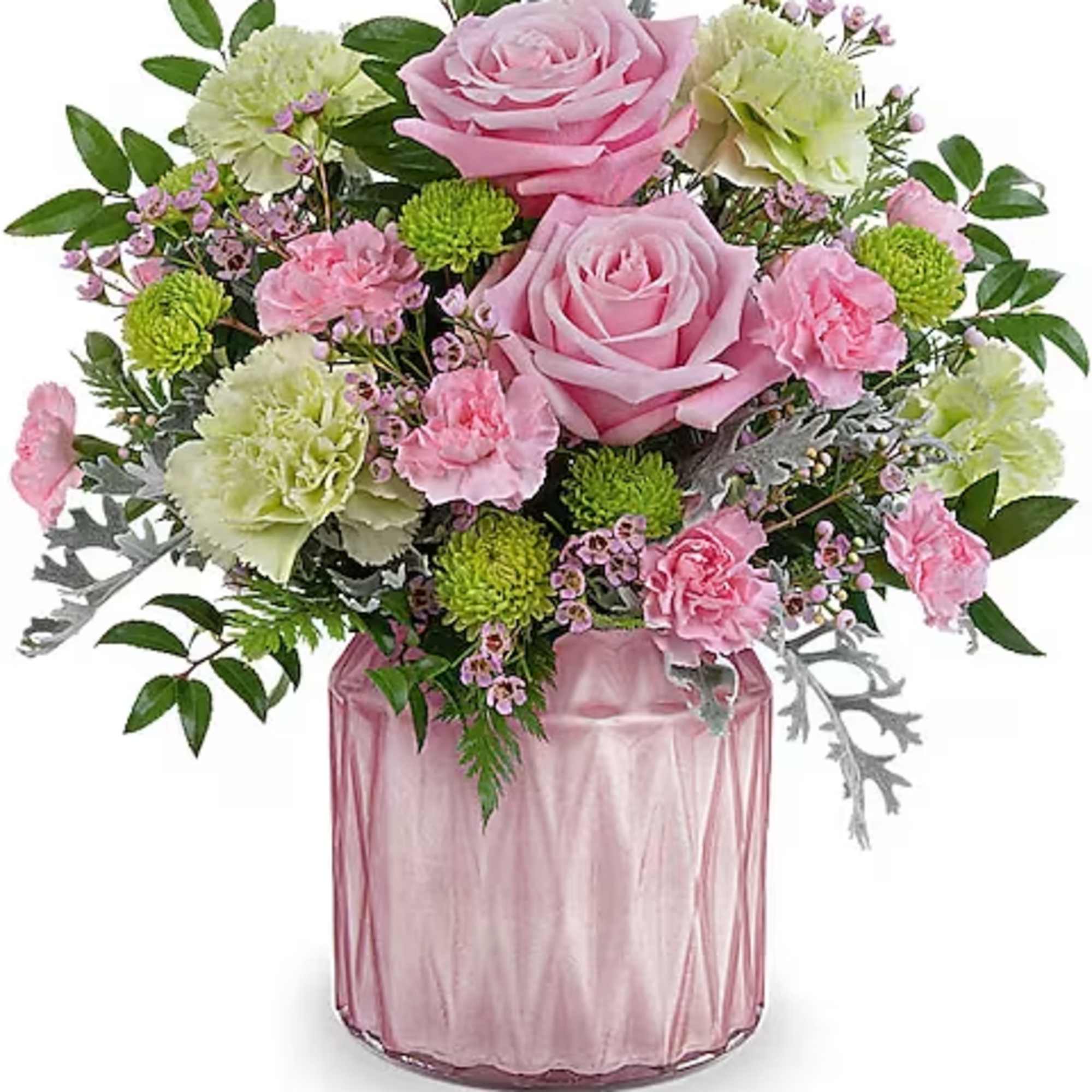 Pink roses and carnations in a pink glass vase