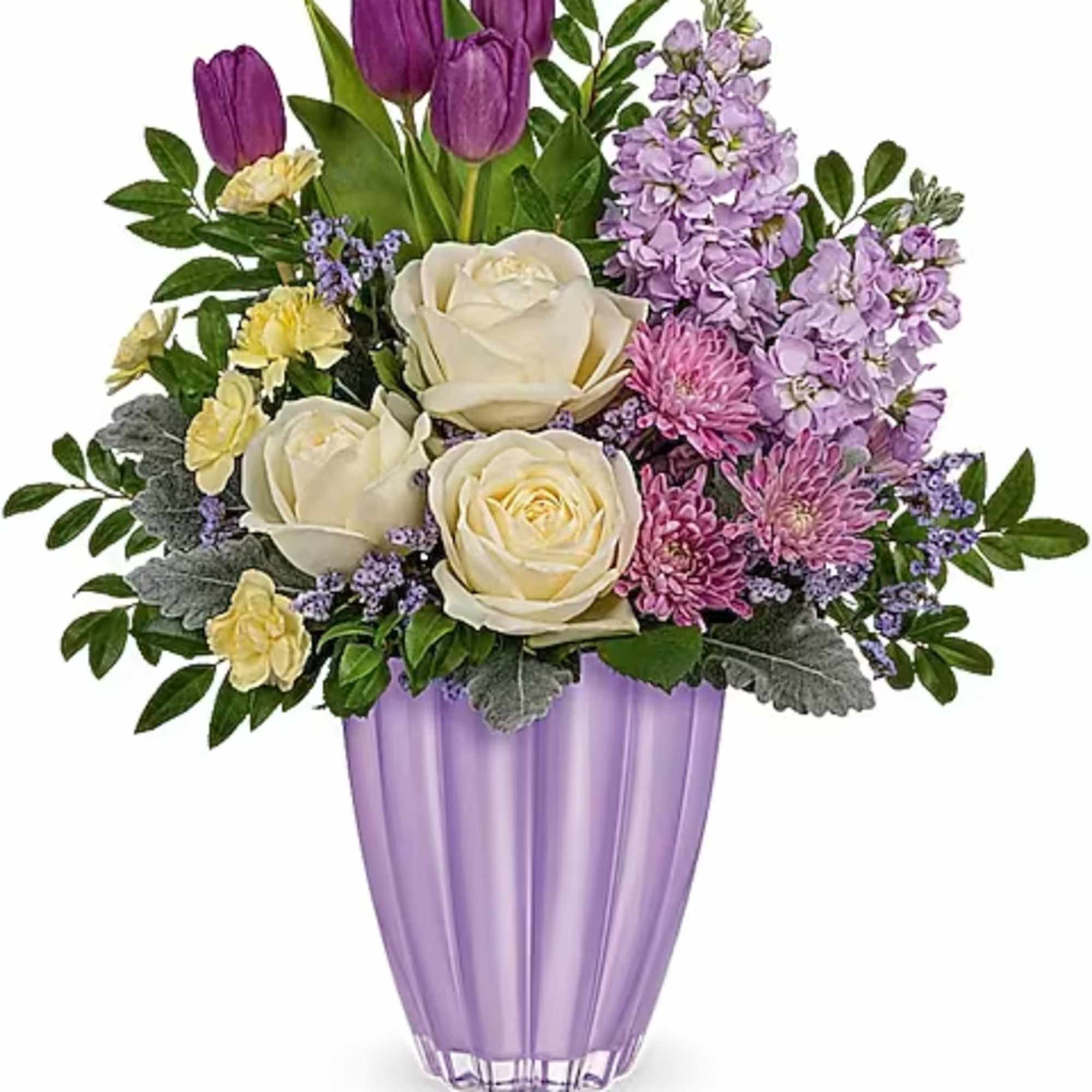 Purple and cream floral arrangement in a lavender vase