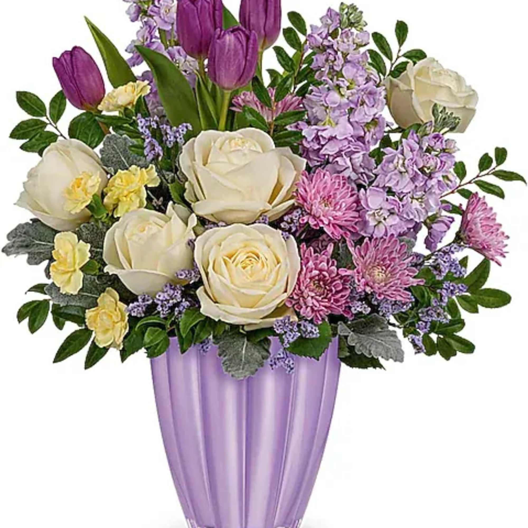 Purple tulips and cream roses in a lavender vase