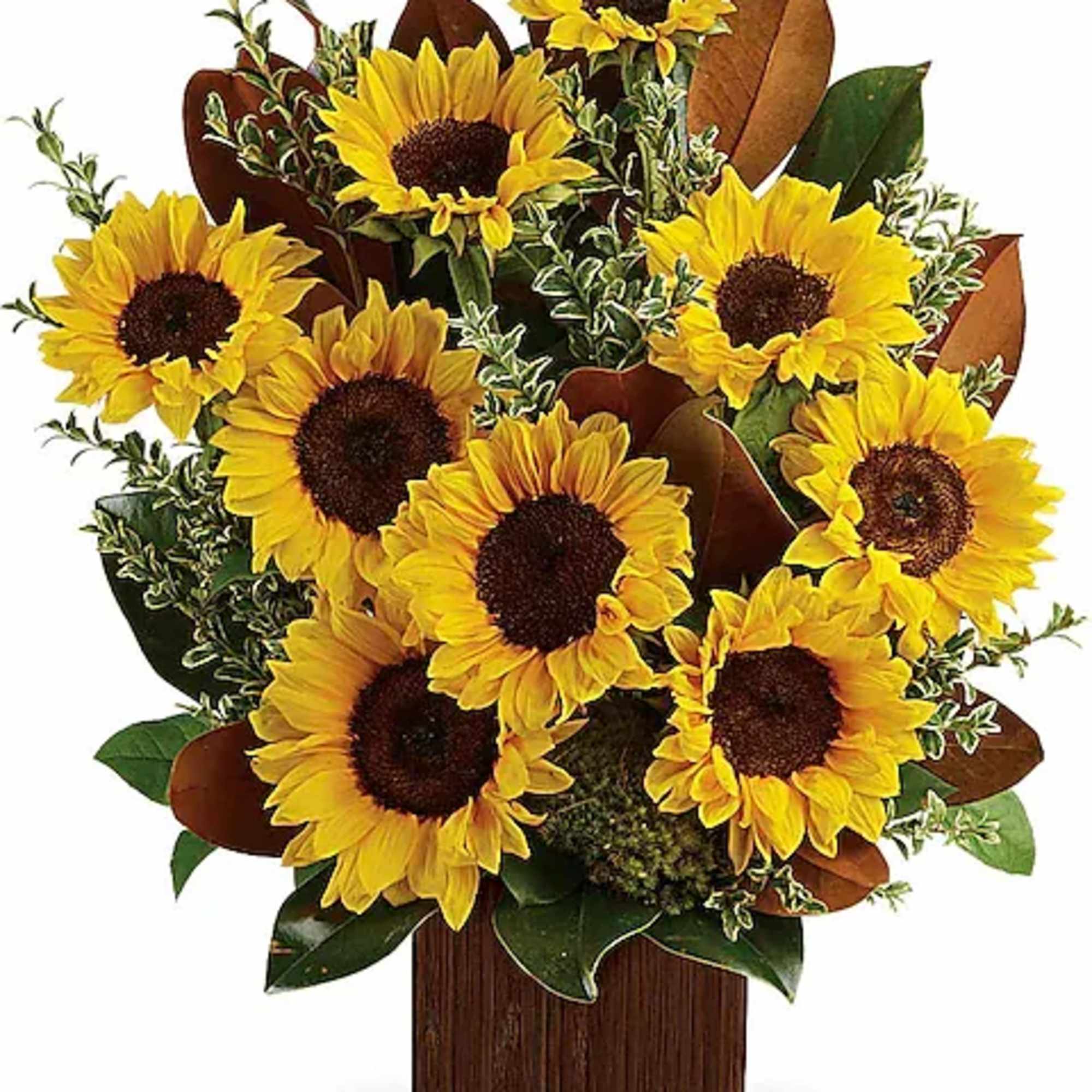 Bouquet of yellow sunflowers in a wooden container