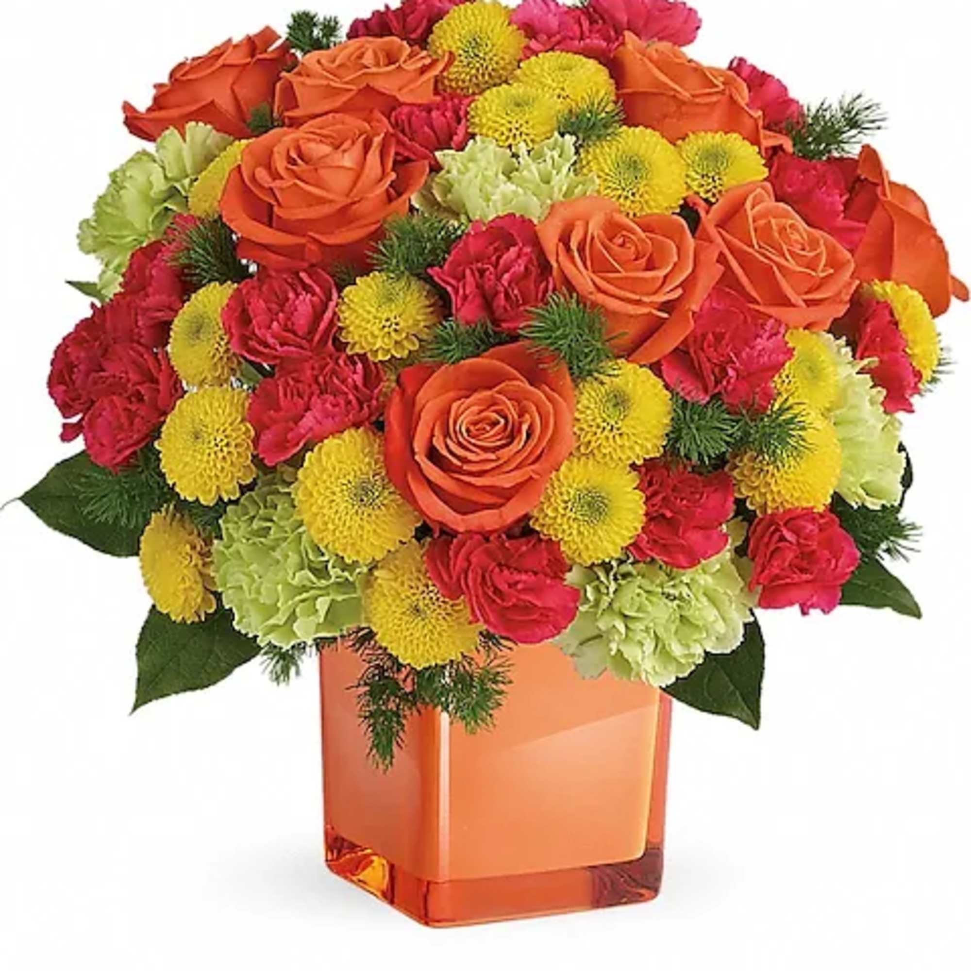 Orange roses and yellow pompons in a square glass vase
