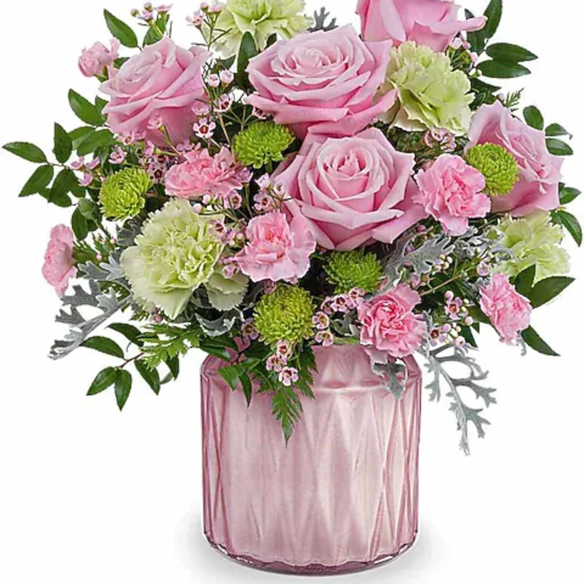 Pink roses and carnations in a pink glass vase