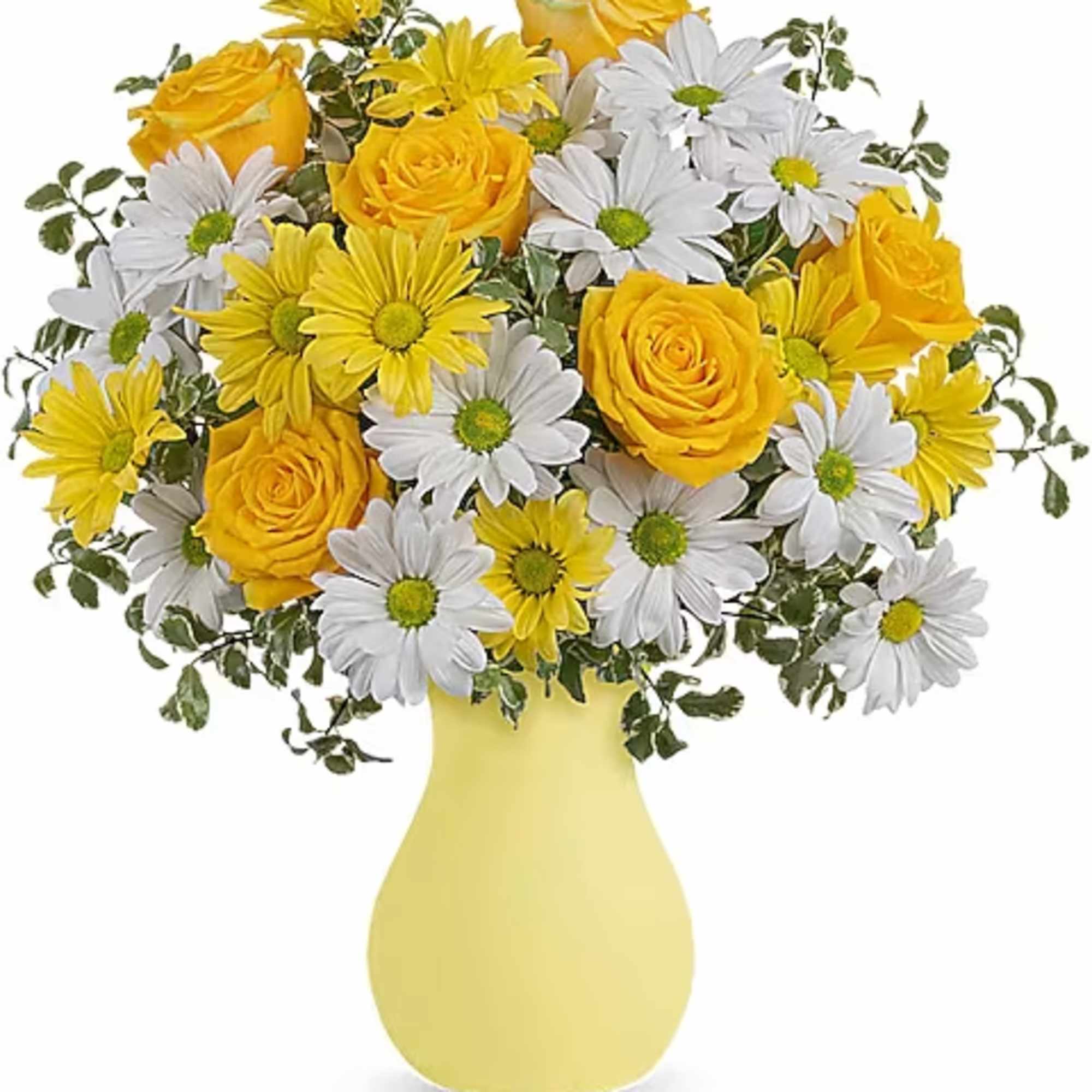 Yellow roses and white daisies in a yellow vase