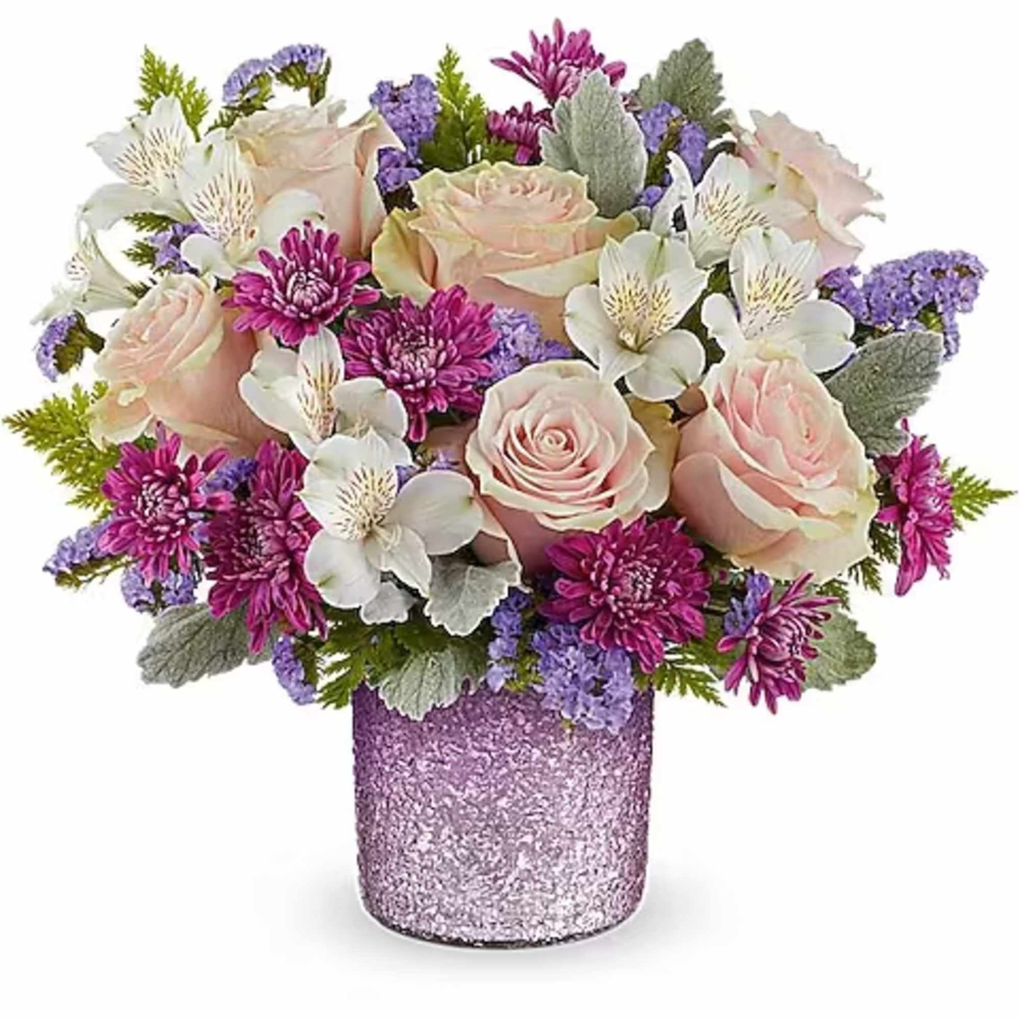 Compact arrangement of pink roses, white alstroemeria, and purple mums in a glittery lavender cylinder vase.