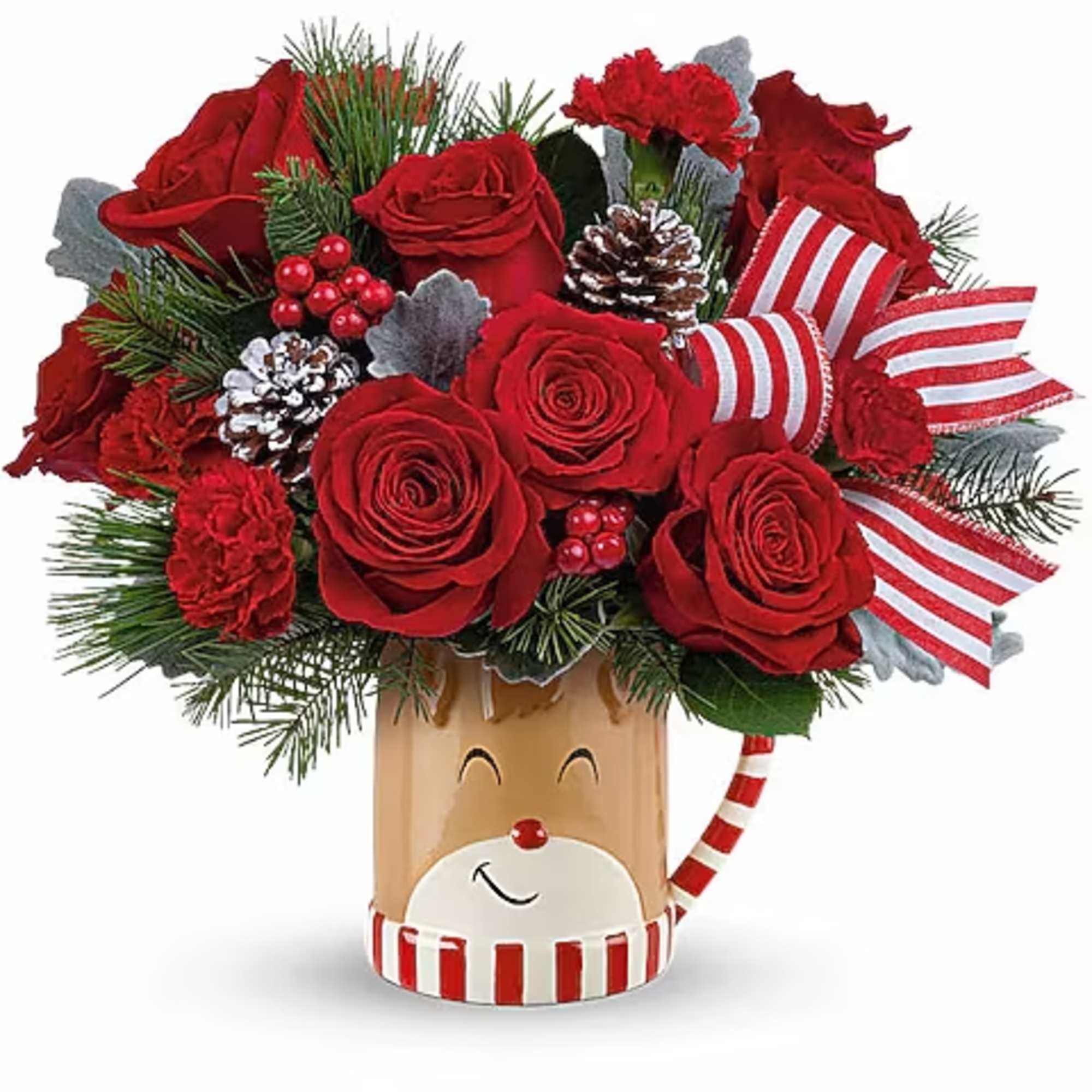 Red roses in a festive holiday mug with ribbon and pinecones