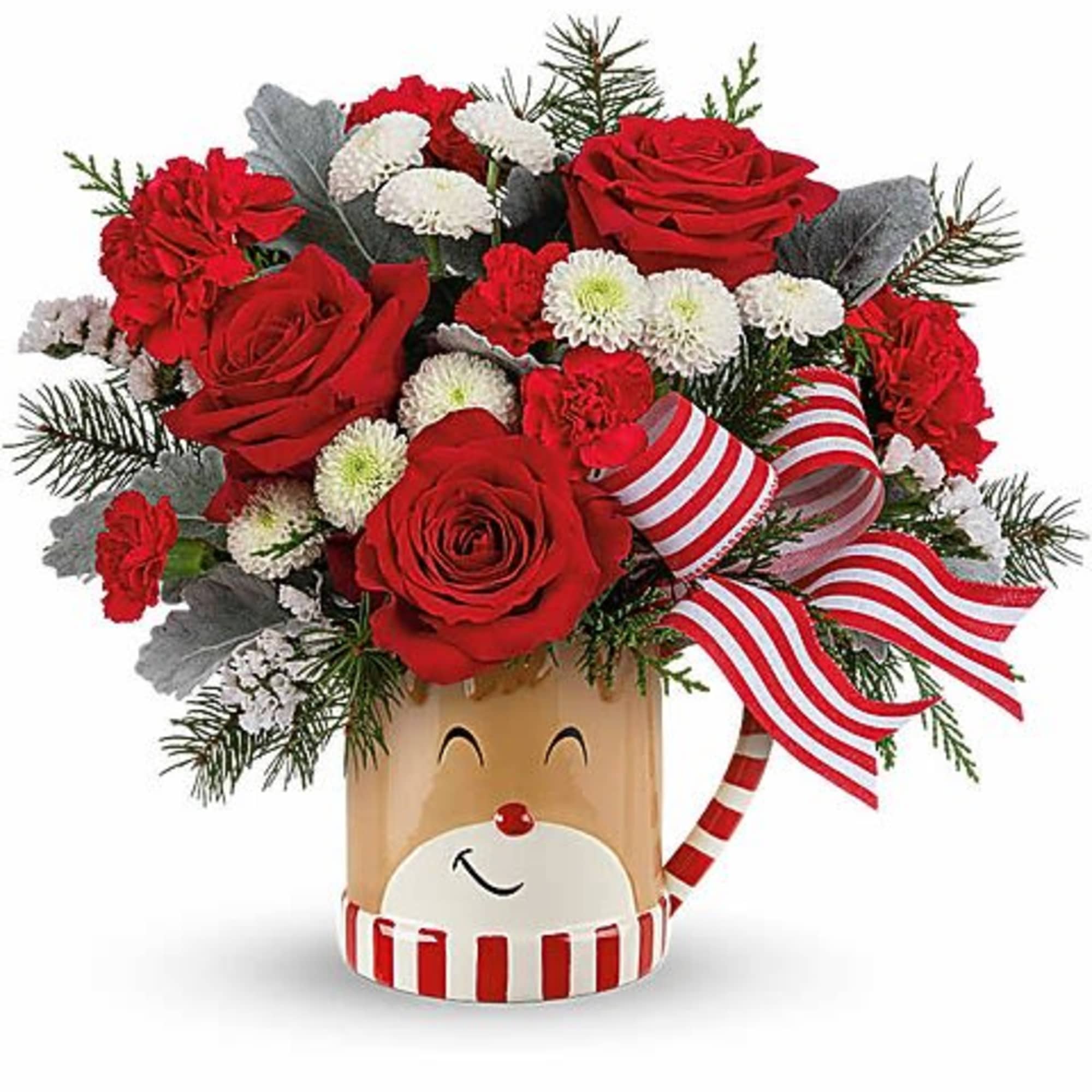 Red roses and white mums in a festive Santa mug with striped ribbon