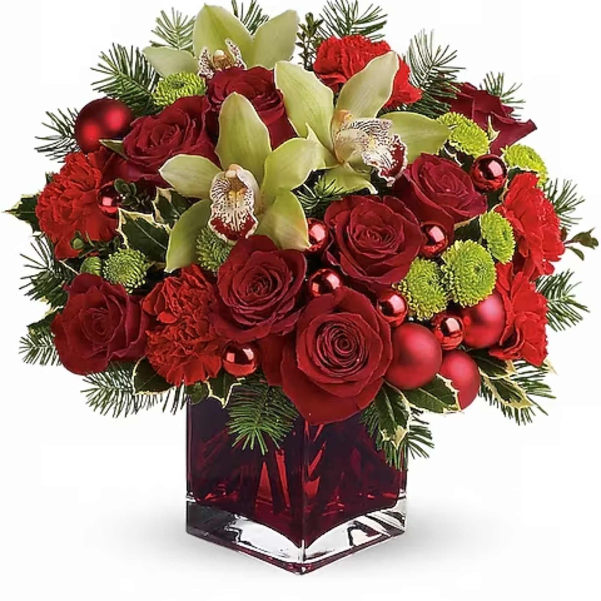 Red roses and green orchids in a red glass vase