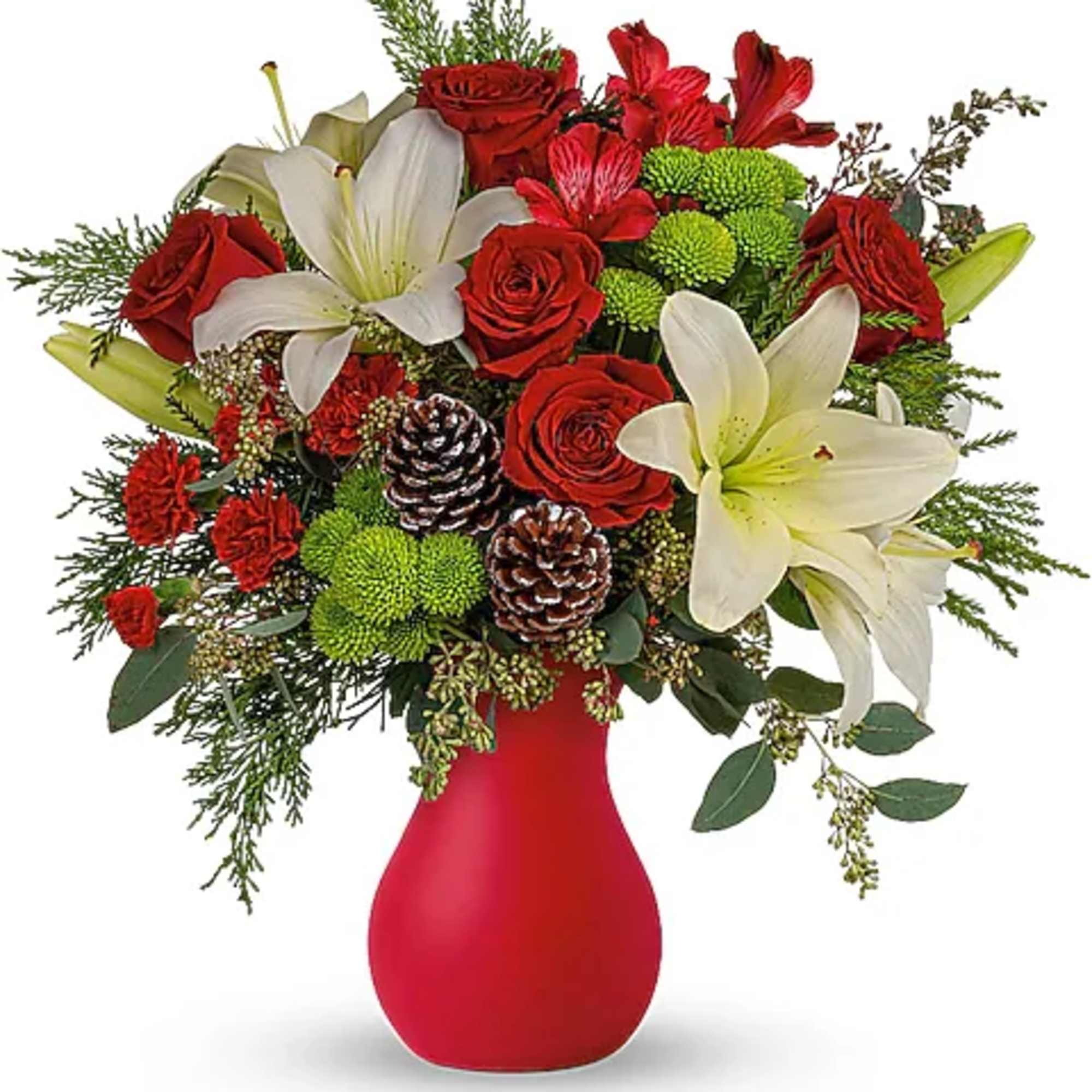 Red roses and white lilies in a red vase
