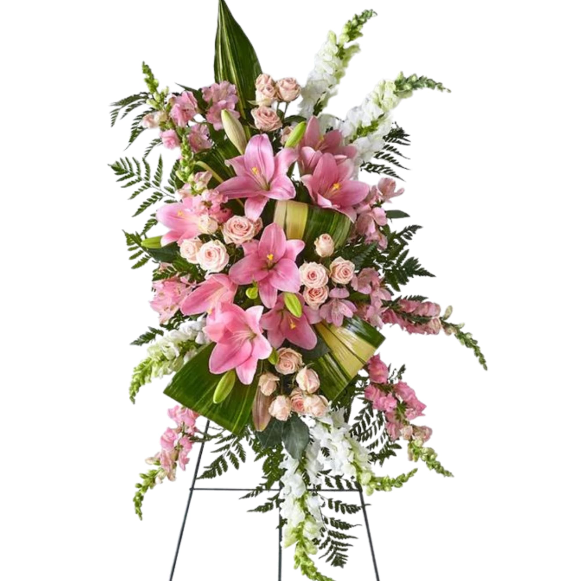 Tall pink and white floral standing spray on an easel