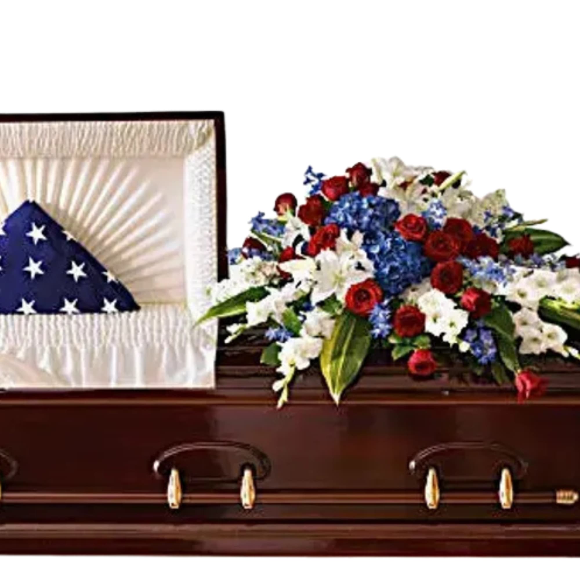 Casket spray of red, white, and blue flowers beside a folded flag in a display case