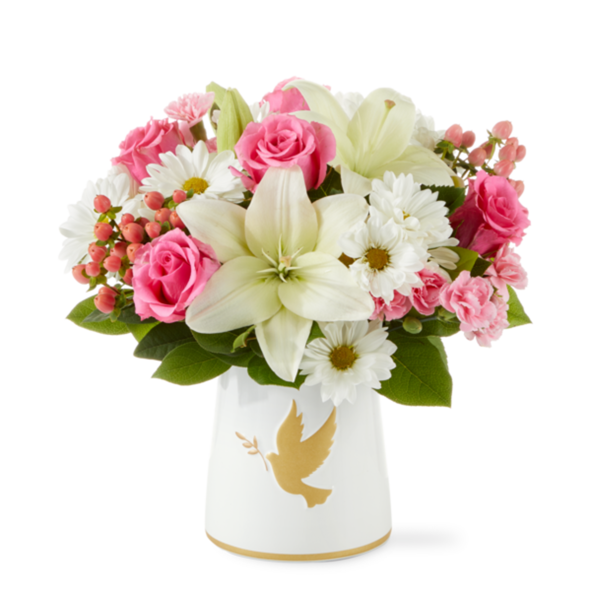 Pink roses and white lilies in a white vase with a gold dove