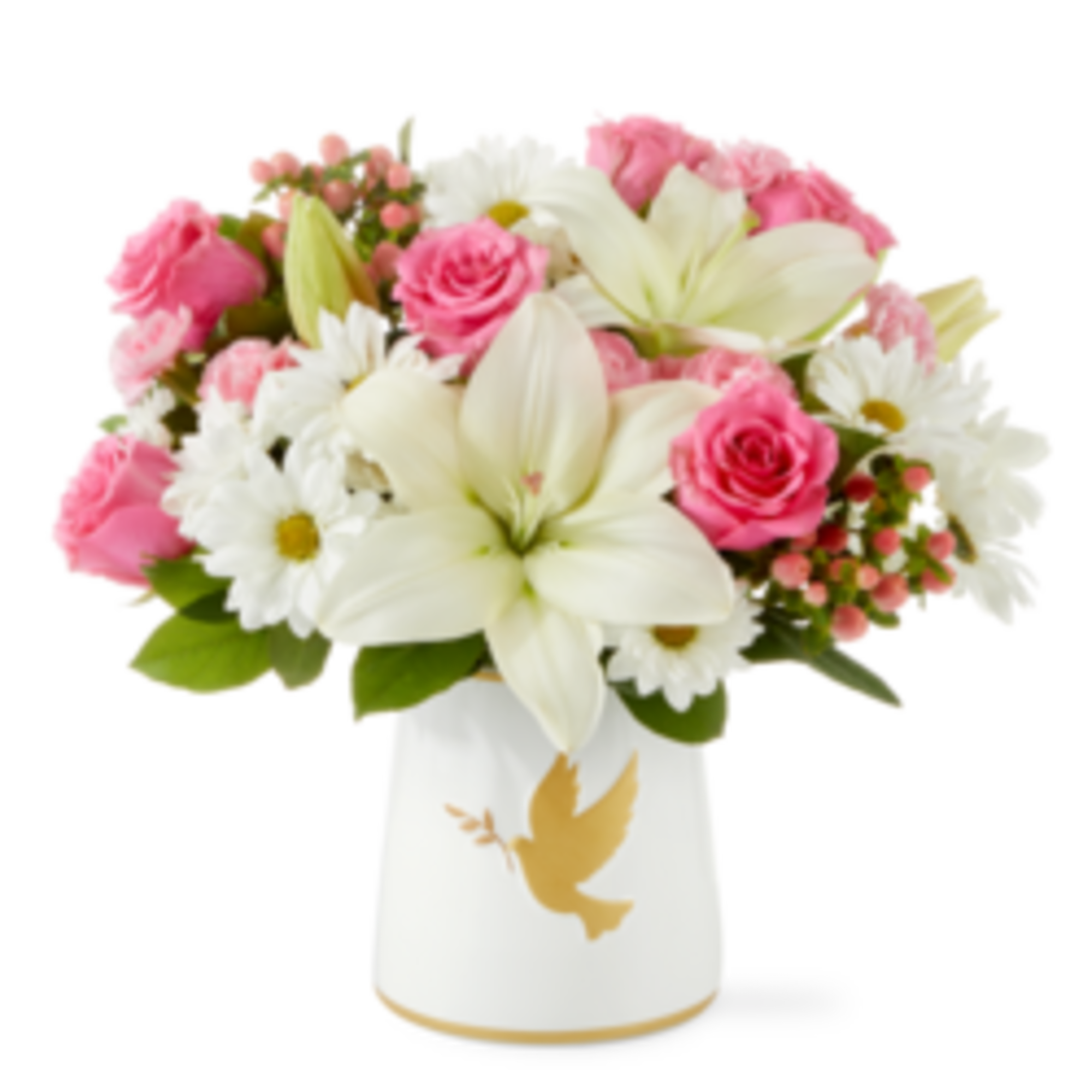 Pink roses and white lilies in a white vase with a dove design