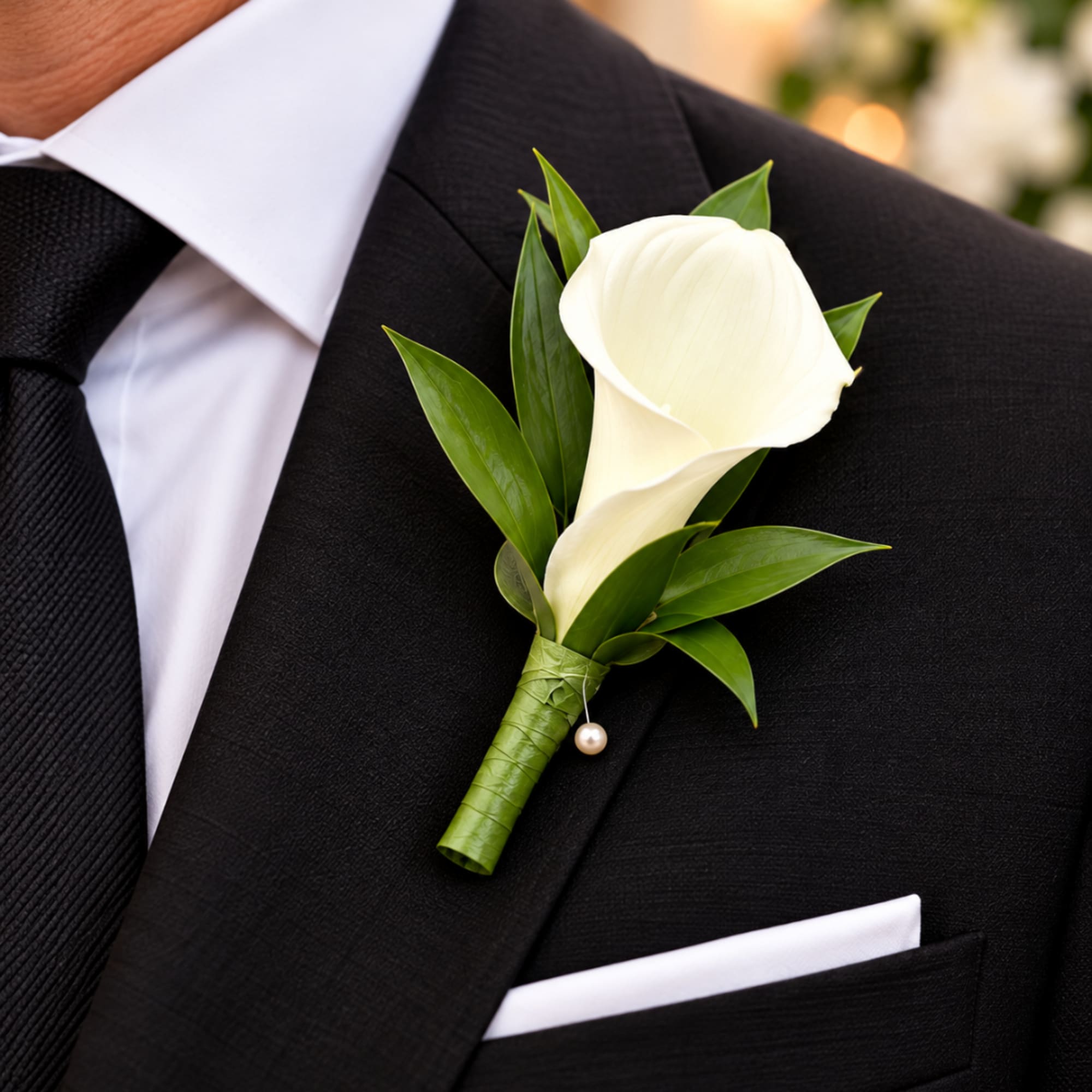 White calla lily boutonniere pinned to a black suit jacket