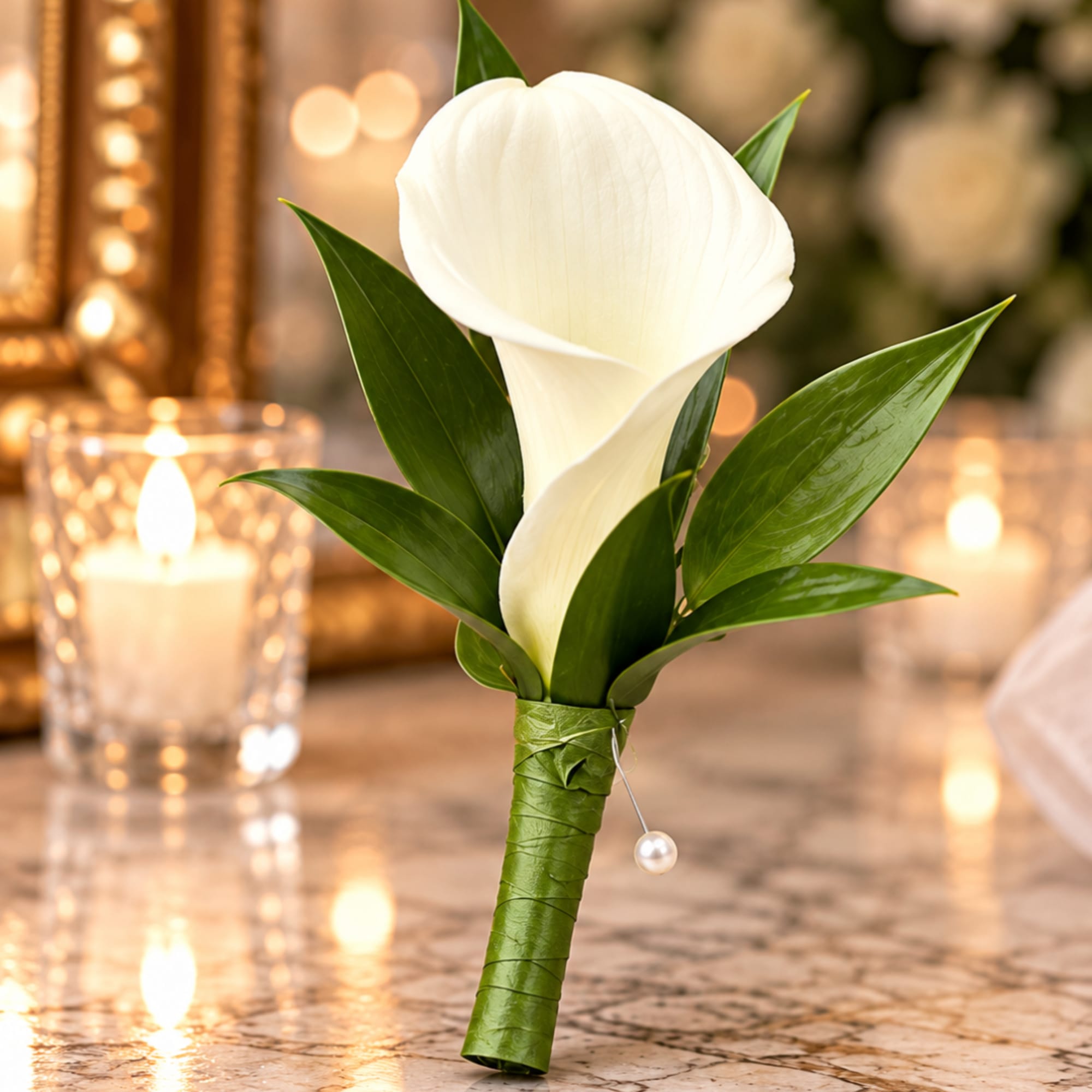 White calla lily boutonniere with green leaves and a pearl pin