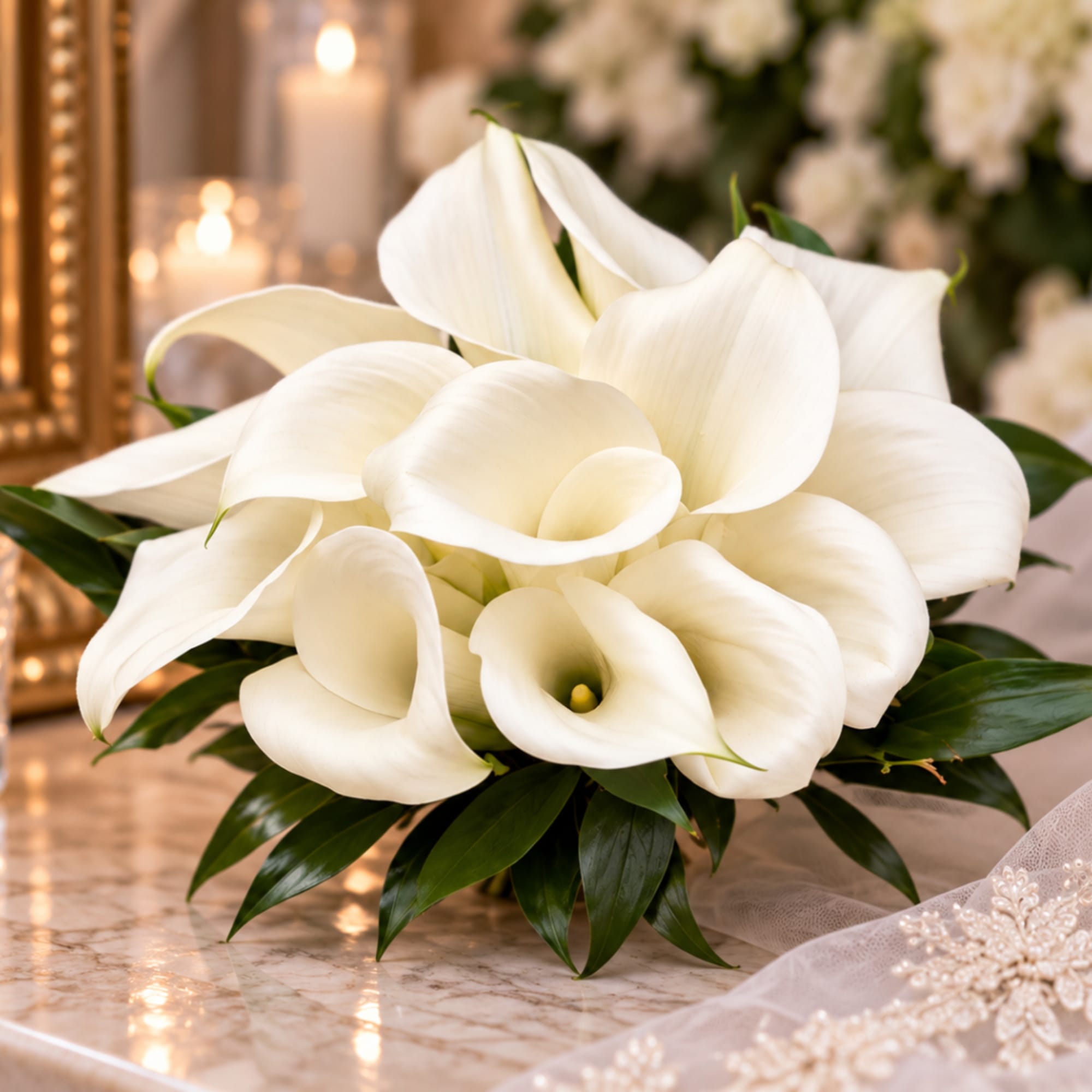 White calla lily arrangement with dark green foliage on a marble surface