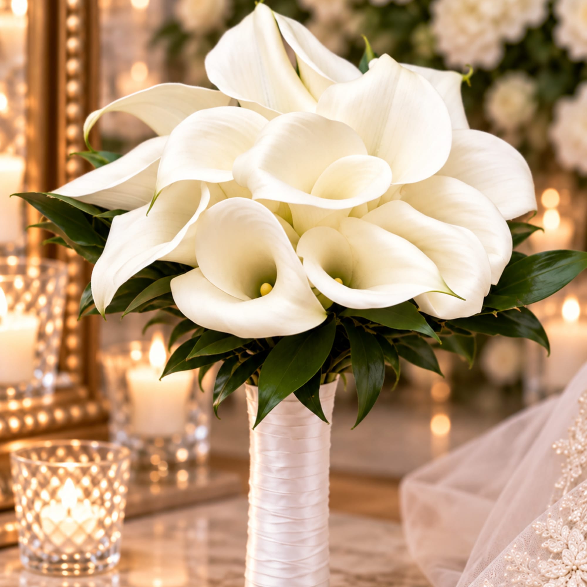 White calla lily arrangement in a wrapped stem vase