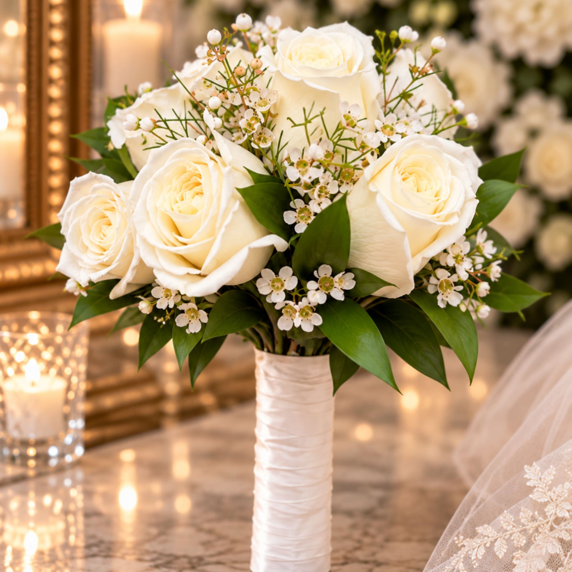 White rose bouquet with small white filler flowers and a wrapped handle