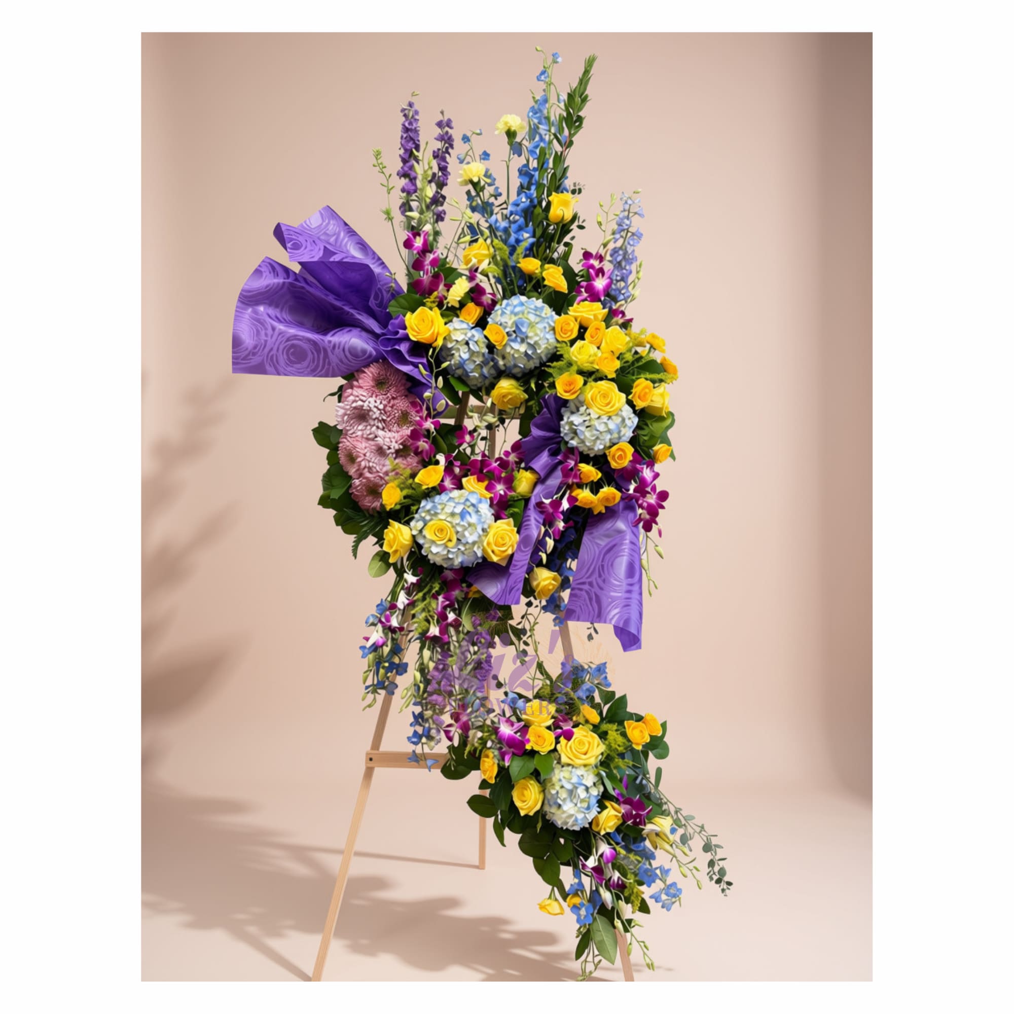 Tall floral standing arrangement with yellow roses, blue hydrangeas, and purple accents