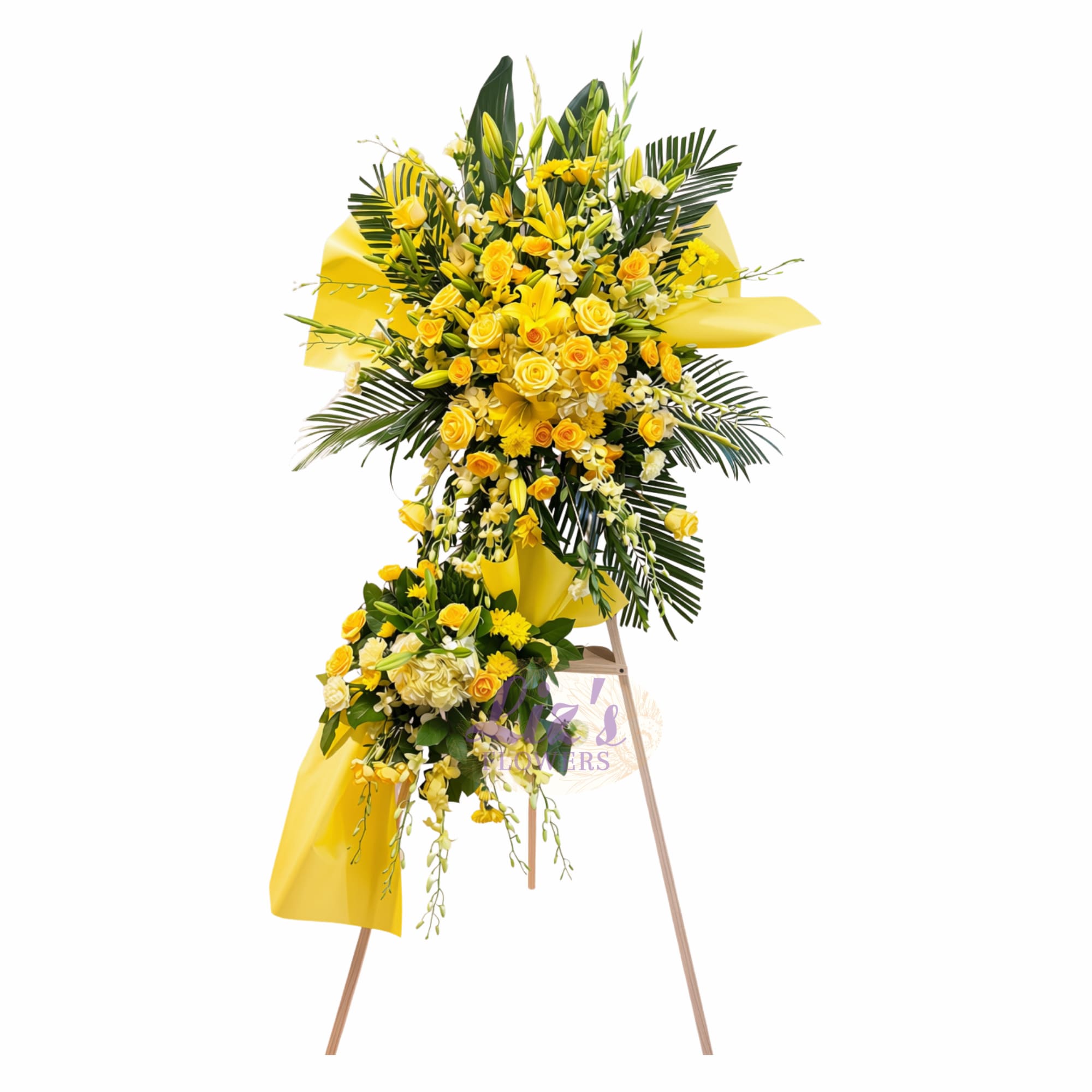 Tall yellow floral standing spray on an easel