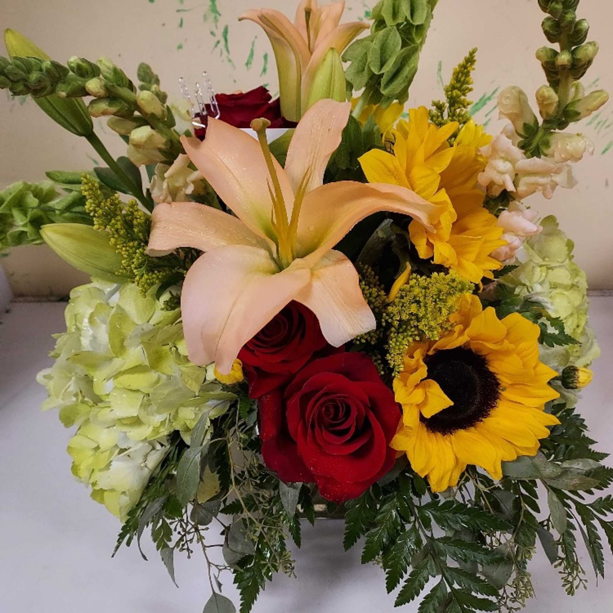 Bright colorful blooms in a sleek glass cube. This arrangement is perfect, photo 3 of 4