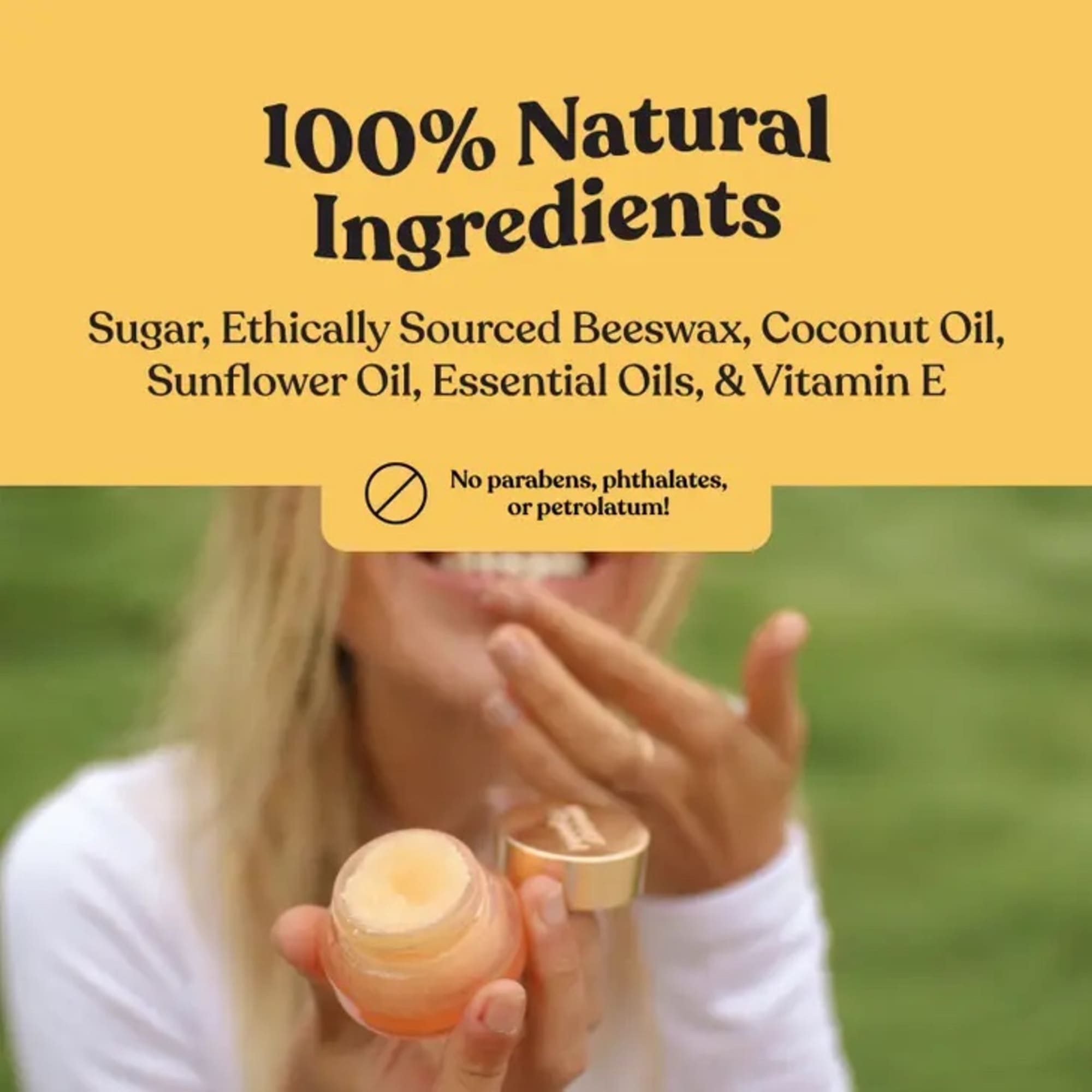 Person holding a small cosmetic jar with text overlay