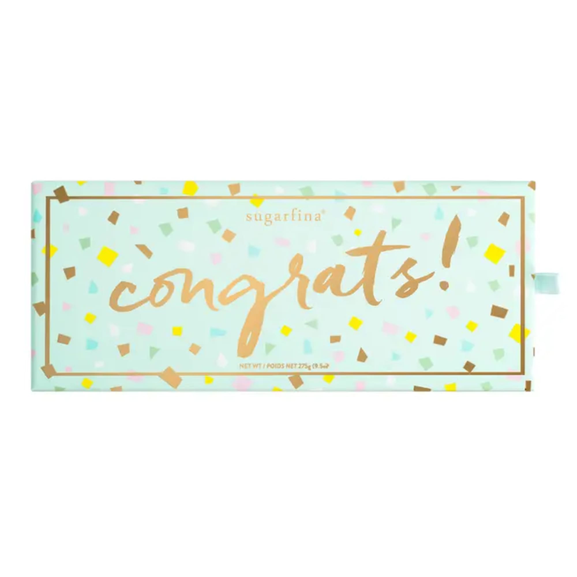 Pastel confetti-patterned candy box with the word "congrats!"