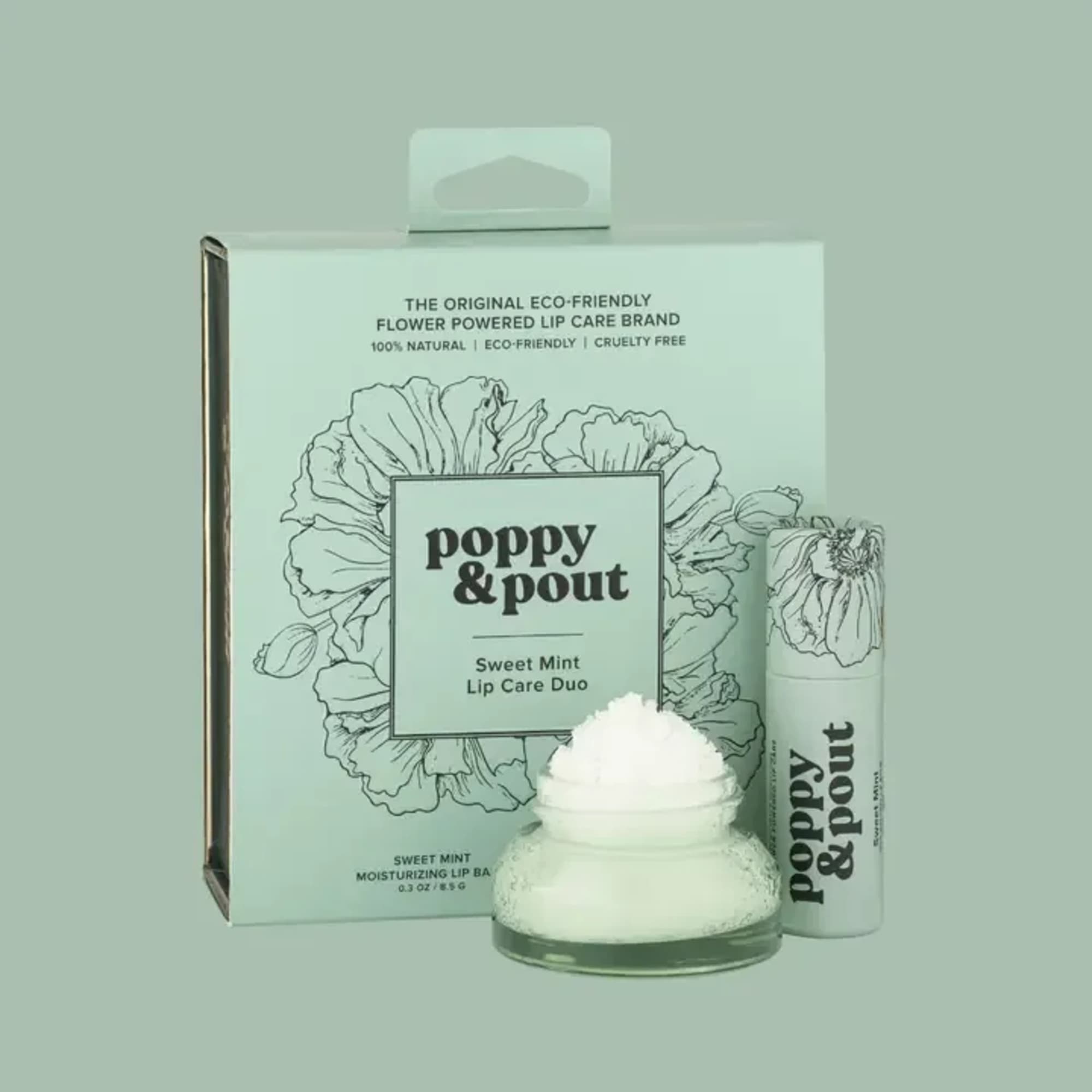 Lip balm duo in mint packaging with a small jar and tube