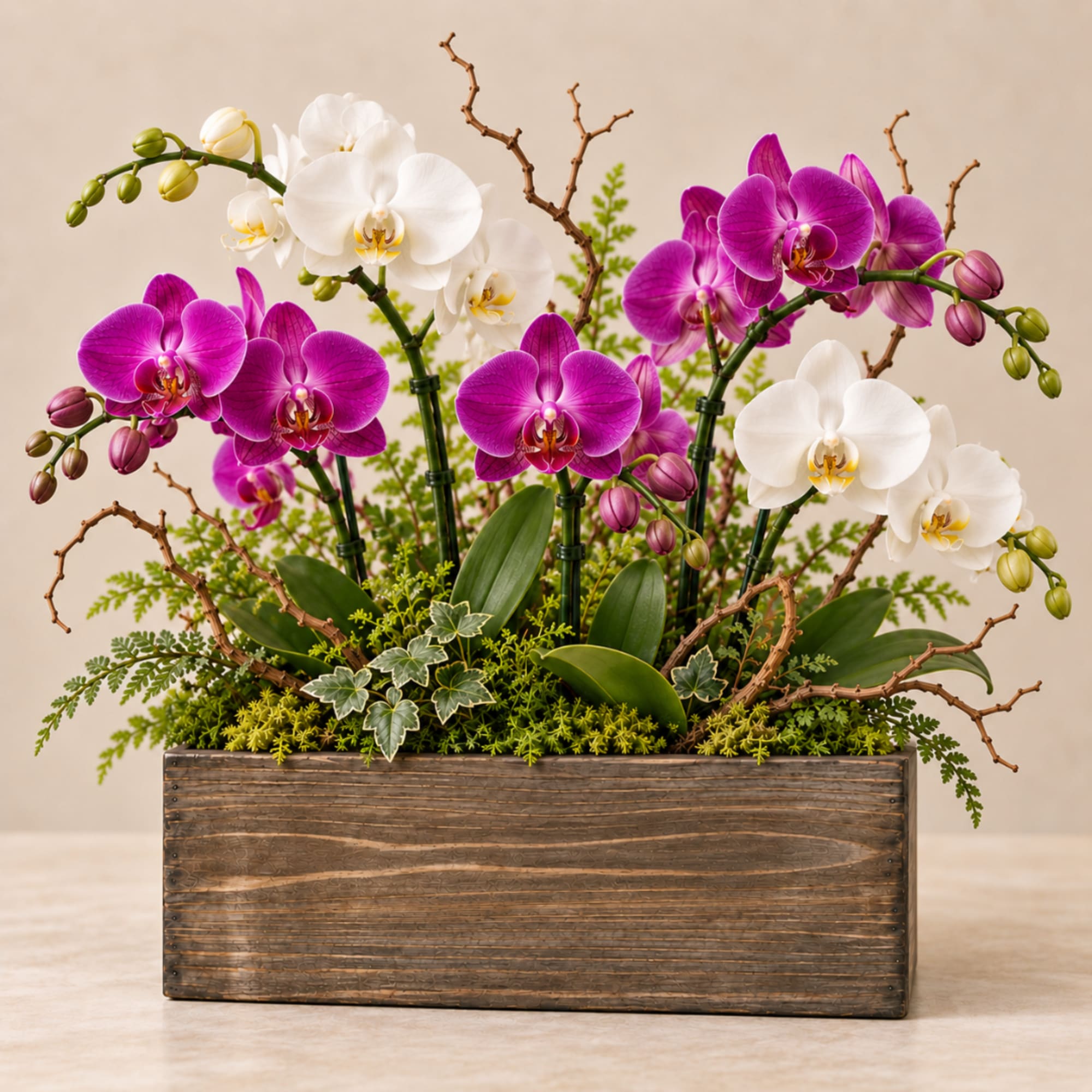 Orchid arrangement in a rustic wooden planter with purple and white blooms