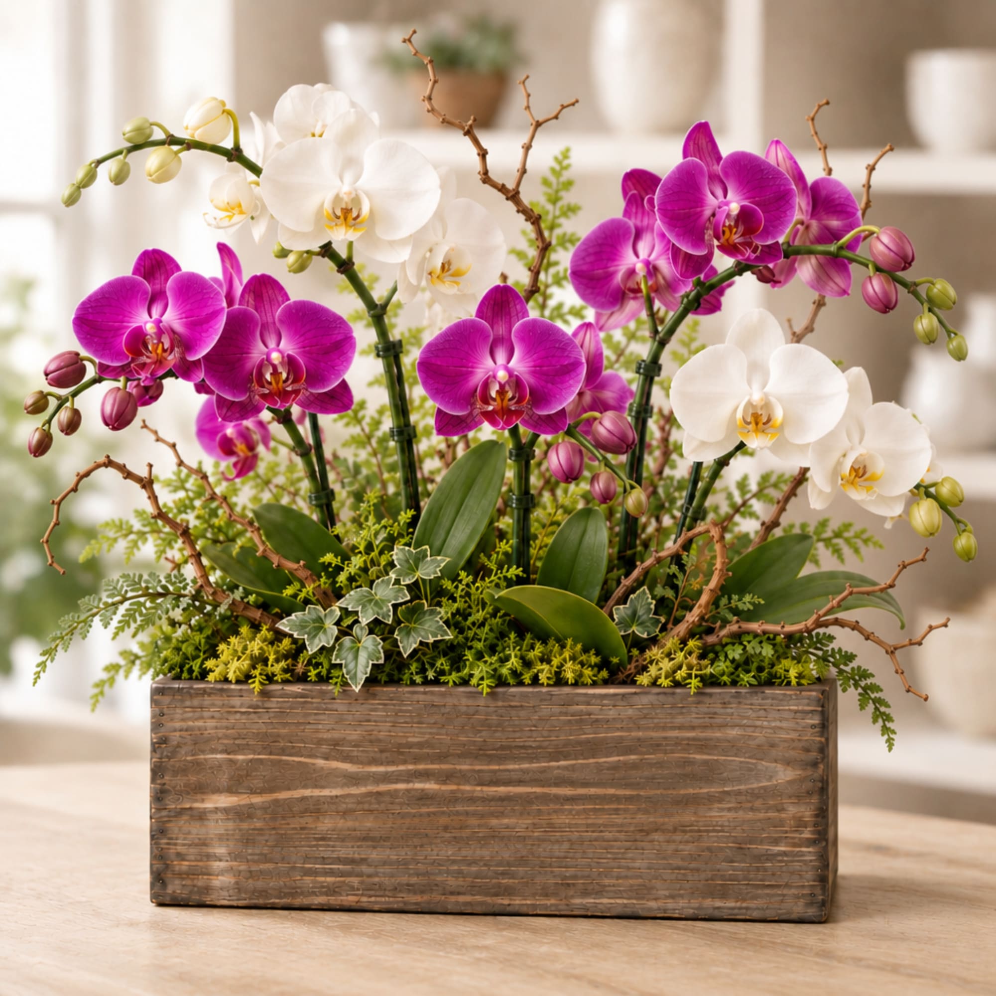 Orchid arrangement in a wooden planter with white and magenta blooms