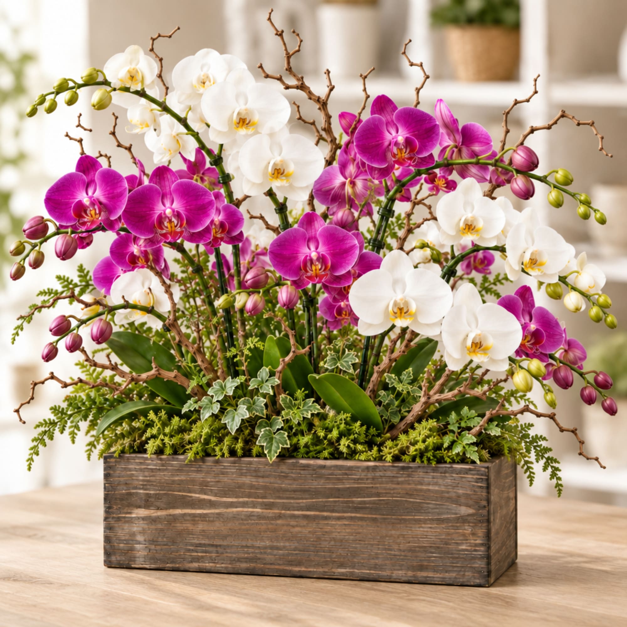 Wooden box arrangement of white and magenta orchids