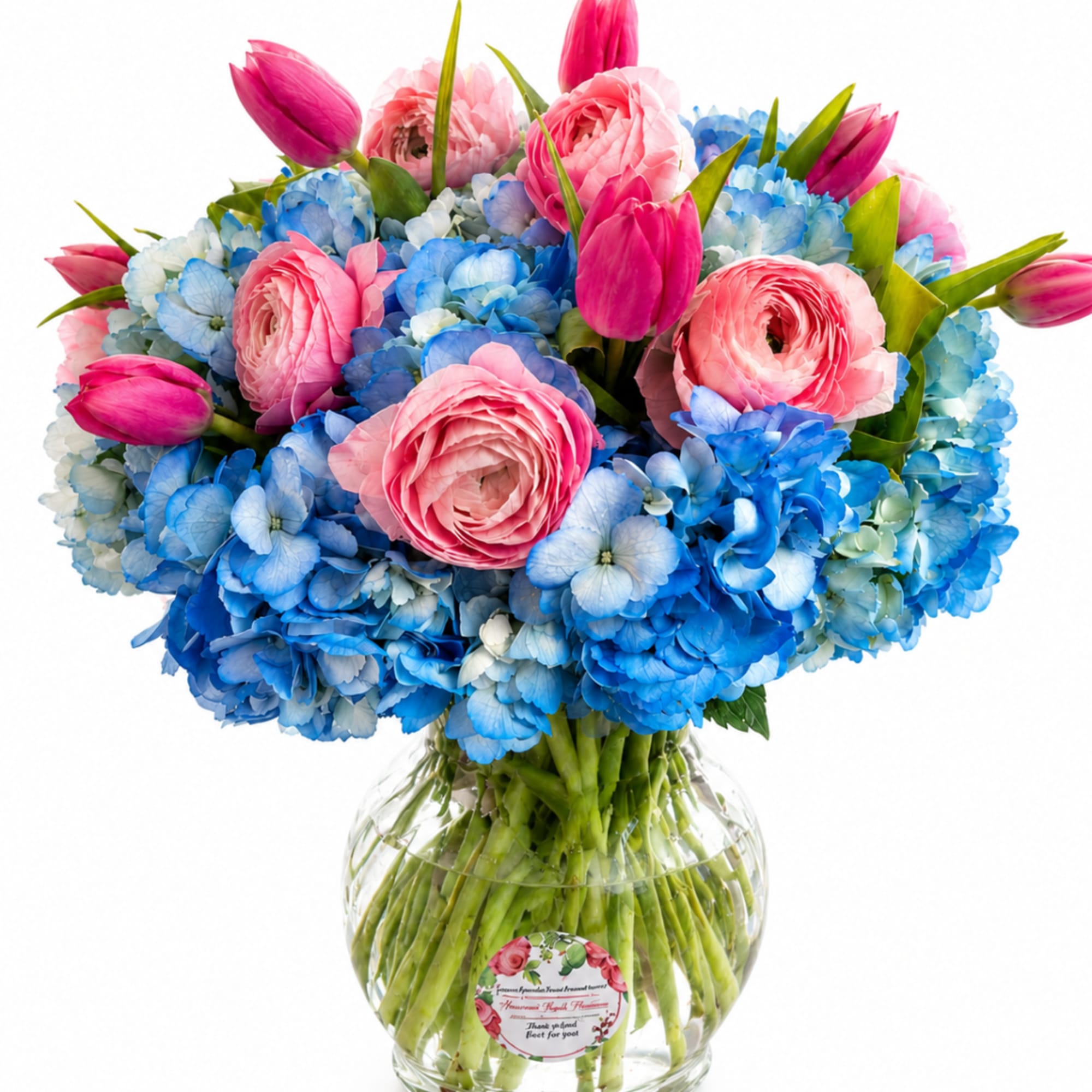 Pink tulips and blue hydrangeas arranged in a clear glass vase