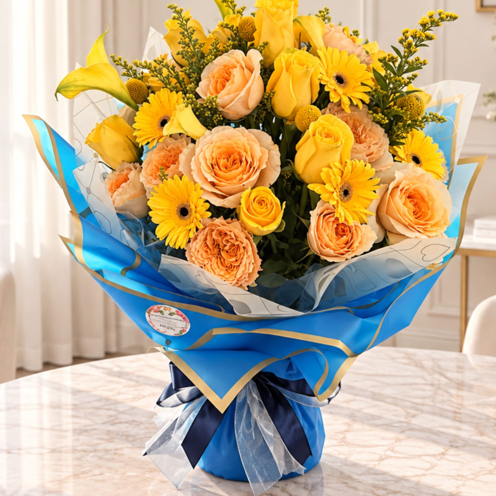 Bouquet of yellow roses and peach gerbera daisies in blue wrap