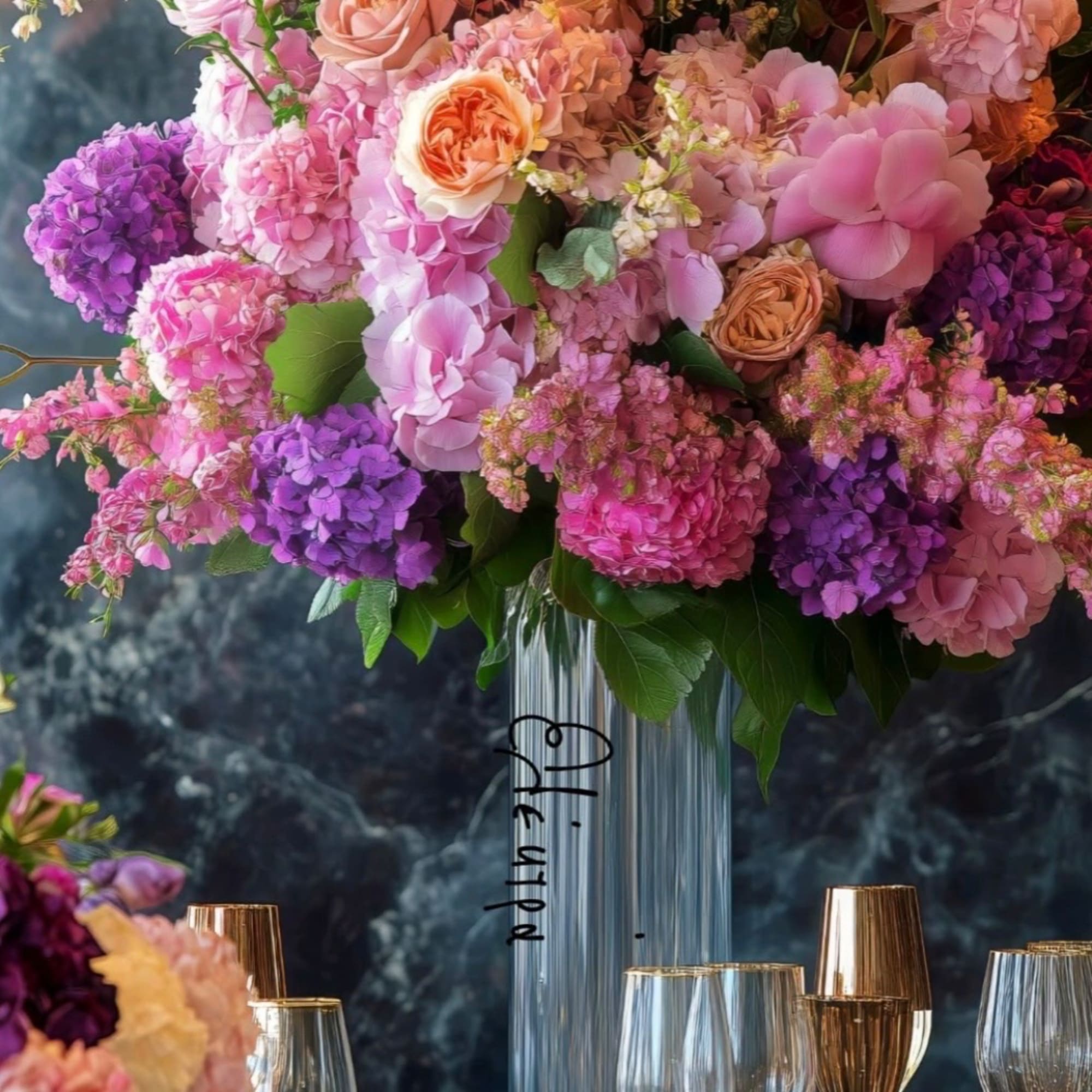 Pink and purple floral arrangement in a tall clear vase