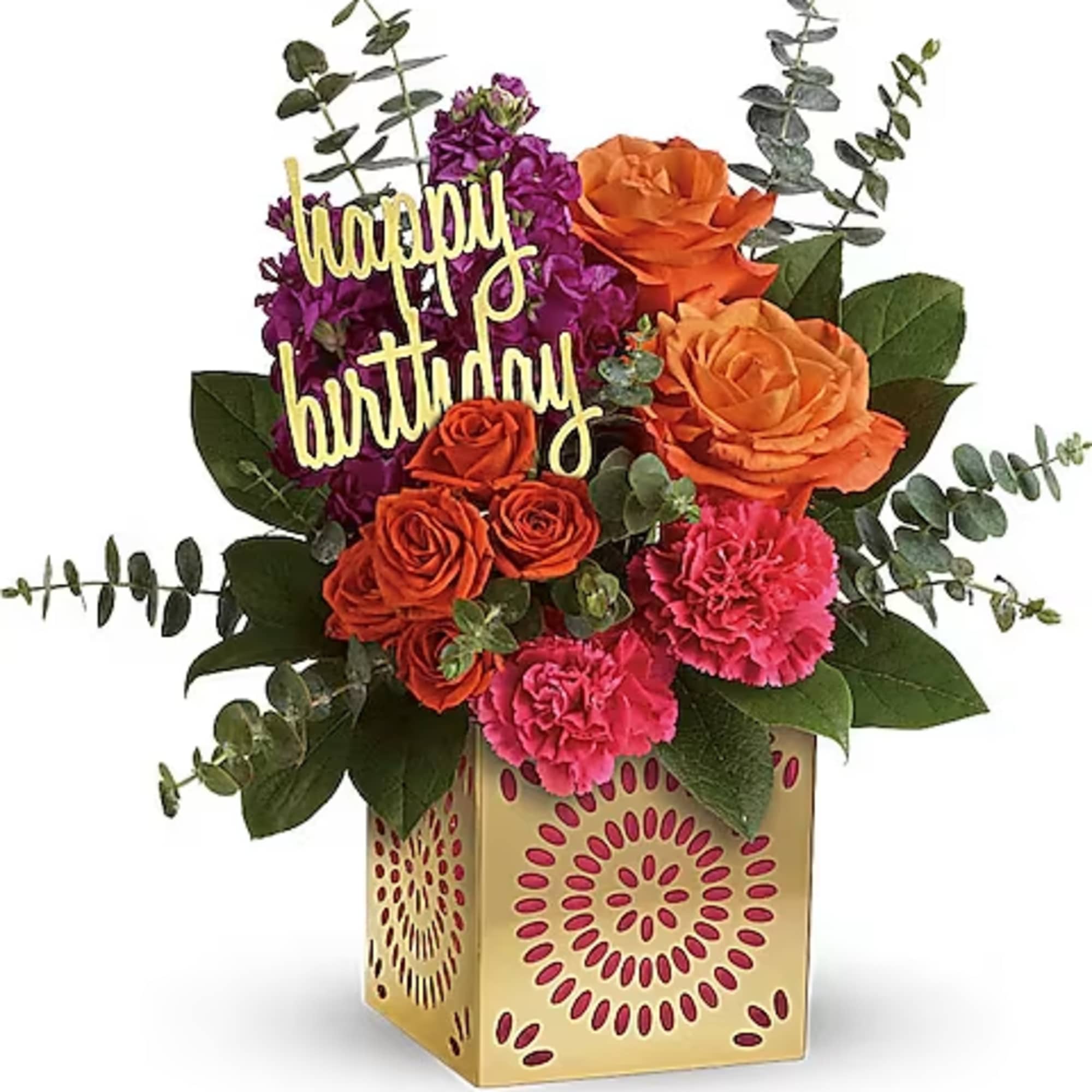 Birthday flower arrangement with roses and carnations in a decorative box
