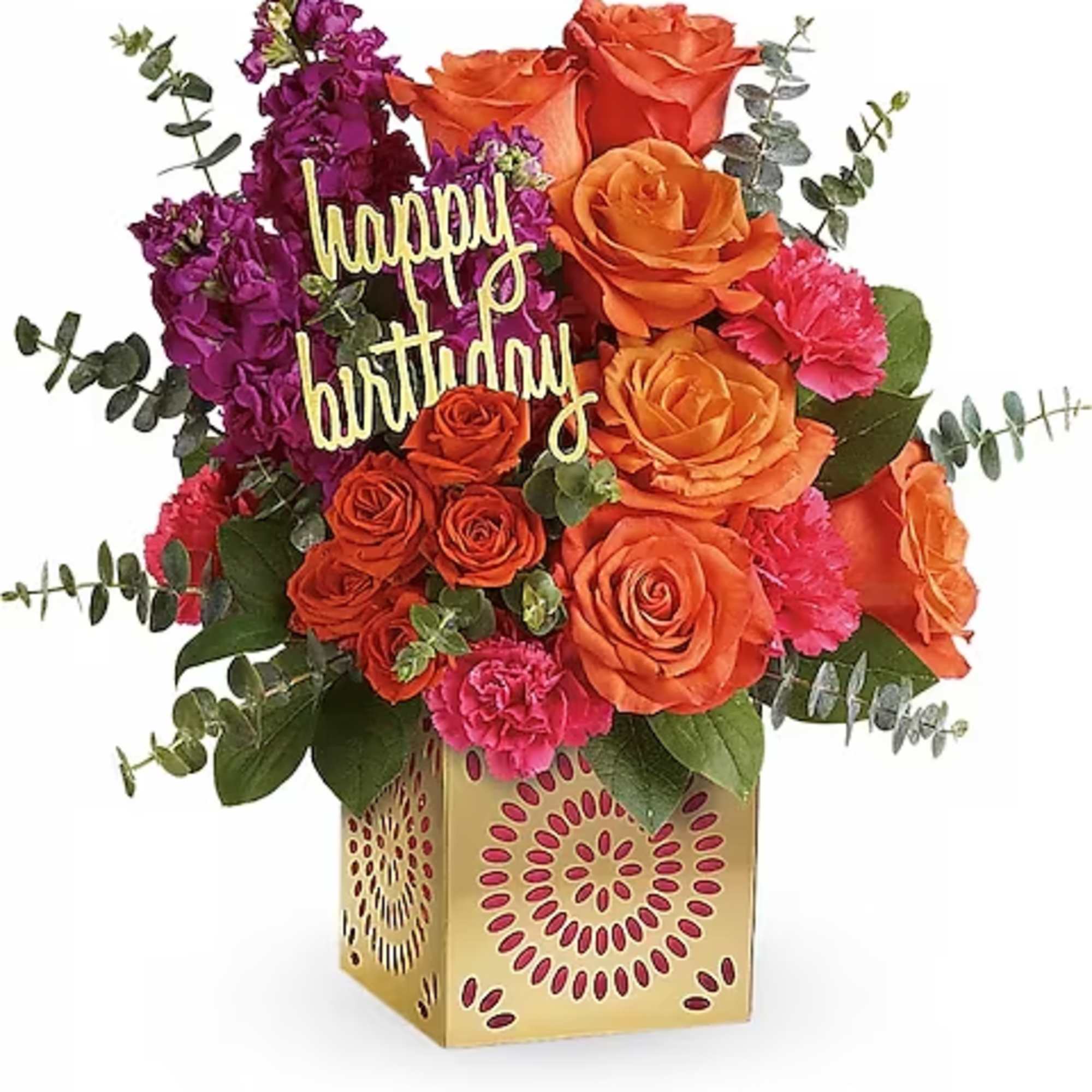 Bouquet of orange and purple flowers in a decorative box with a happy birthday sign