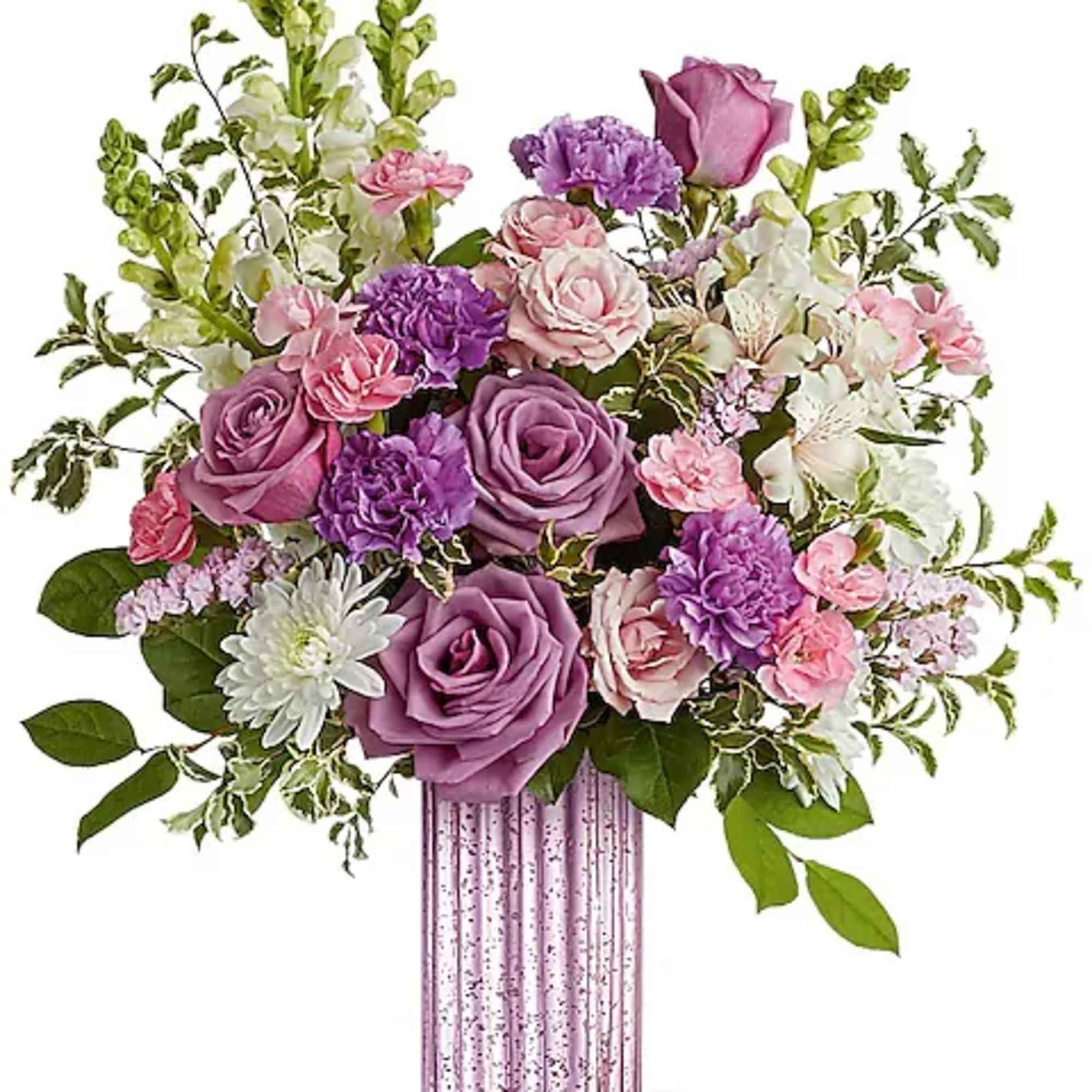 Lavender and pink floral arrangement in a pink vase