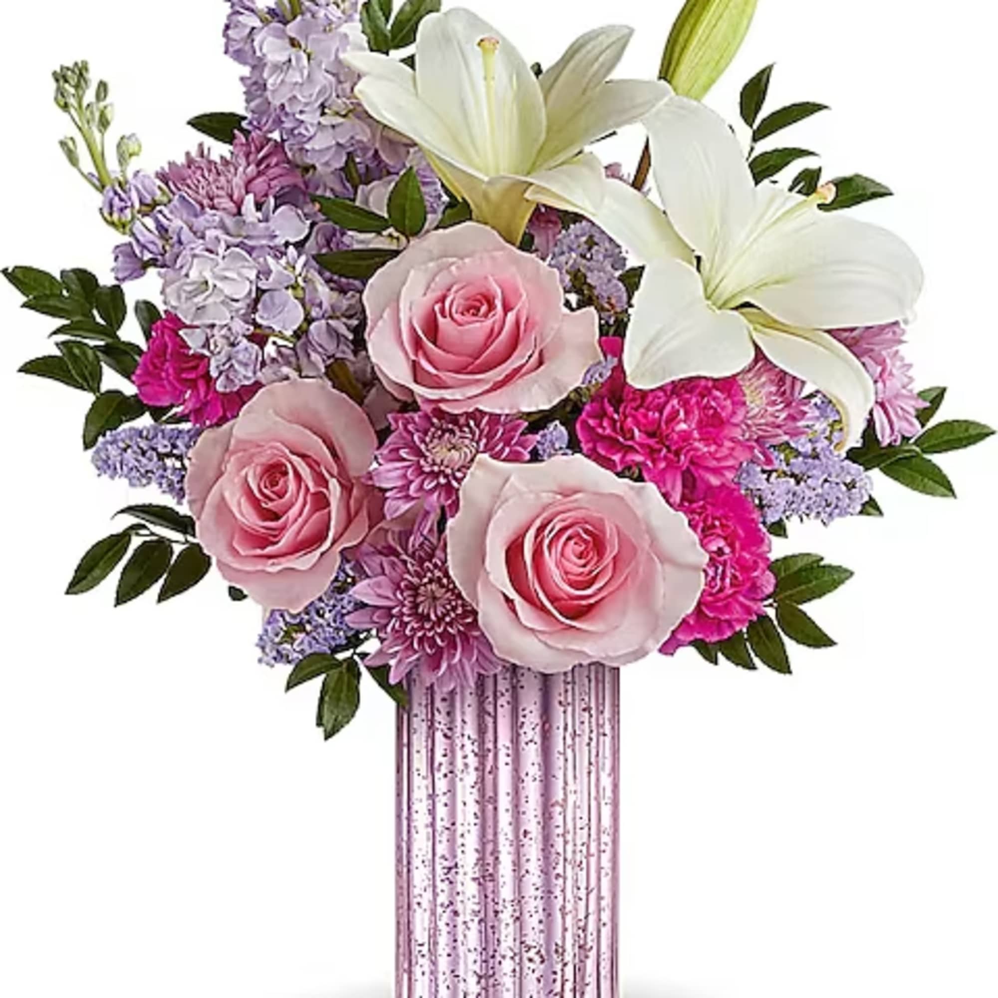 Pink roses and white lilies in a tall pink vase