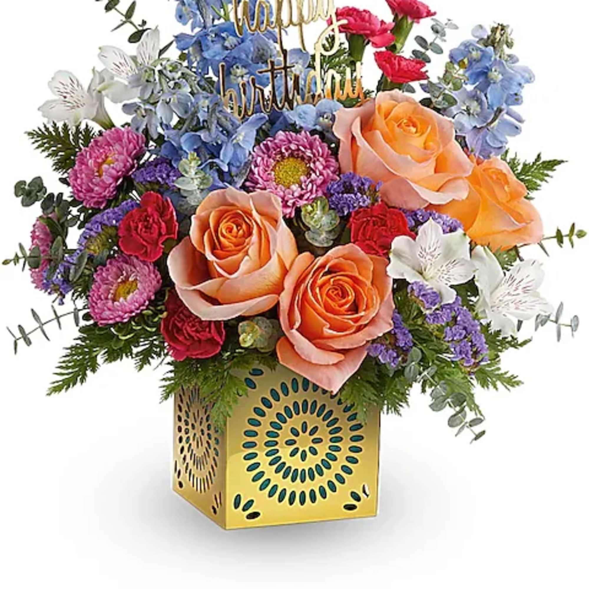 Colorful bouquet with roses, daisies, and a birthday topper in a gold vase